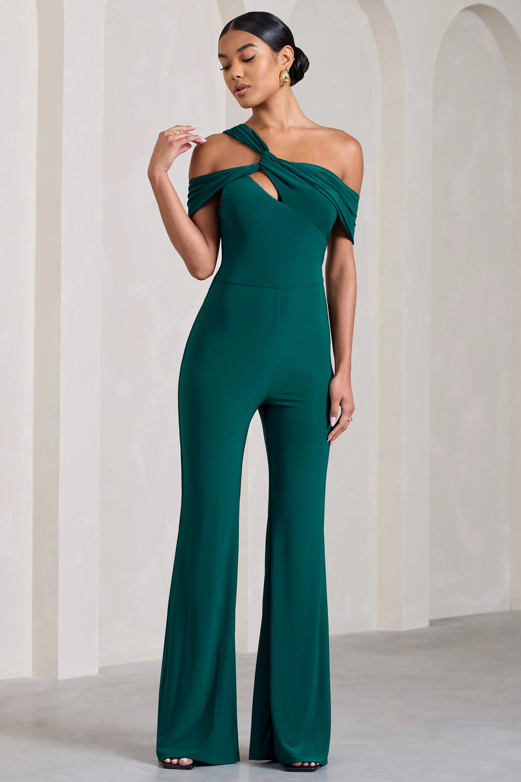 Striking | Bottle Green Strappy Asymmetric Flared-Leg Jumpsuit