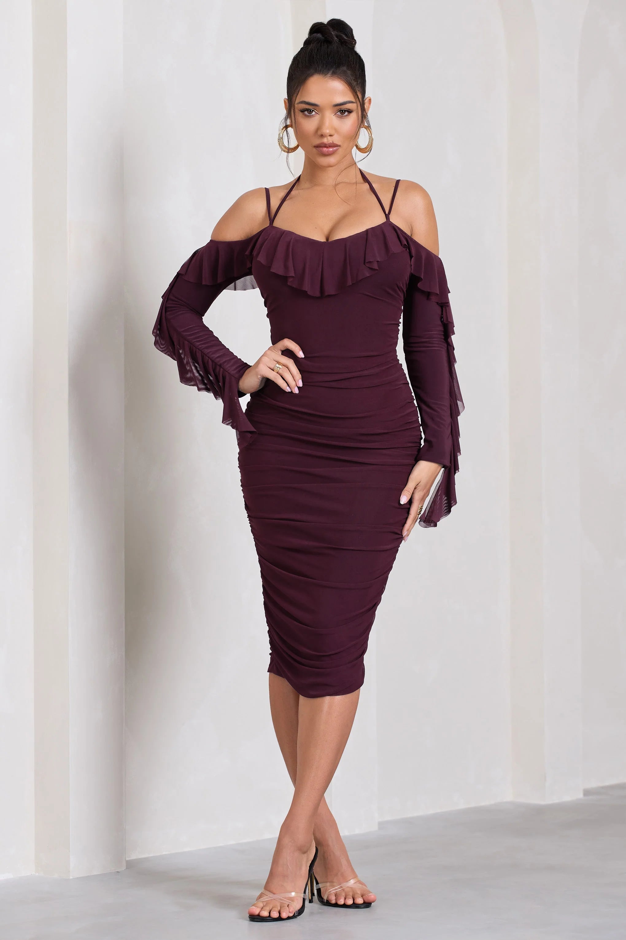 Quinn | Dark Cherry Ruched Strappy Long-Sleeved Midi Dress With Ruffles