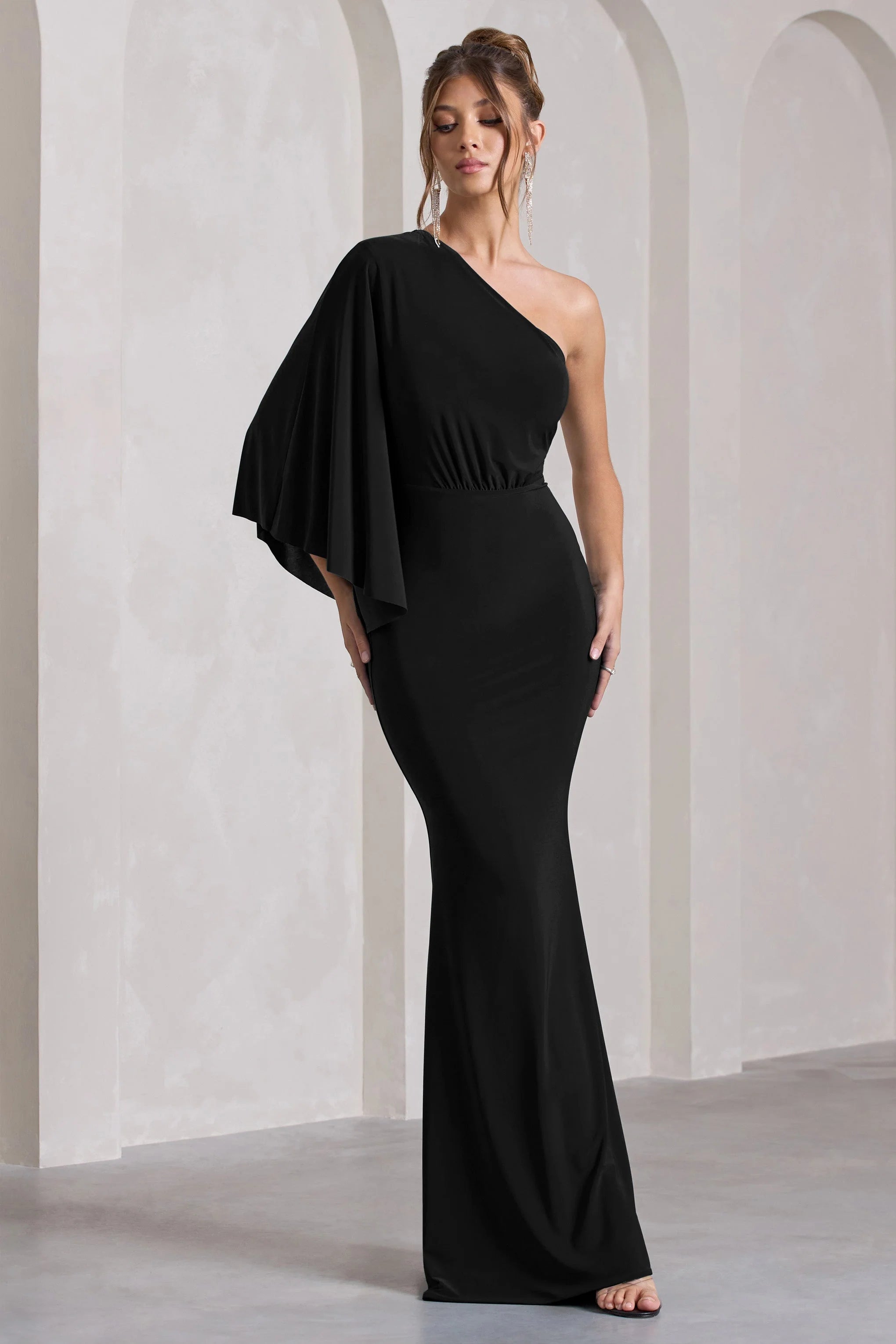 Luciana | Black Asymmetric Maxi Dress With Drape Sleeve