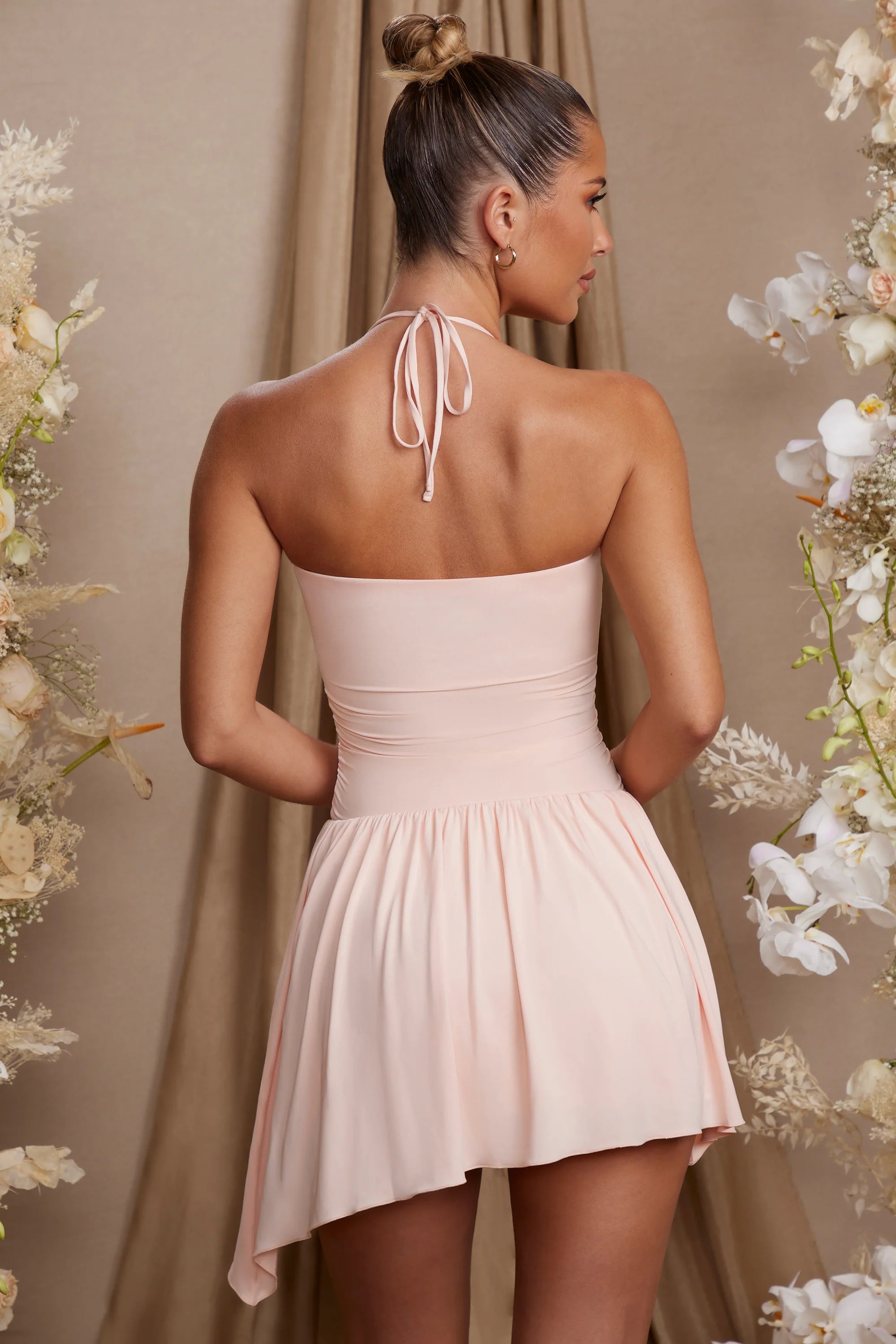 Halter Neck Asymmetric Mini Dress in Blush