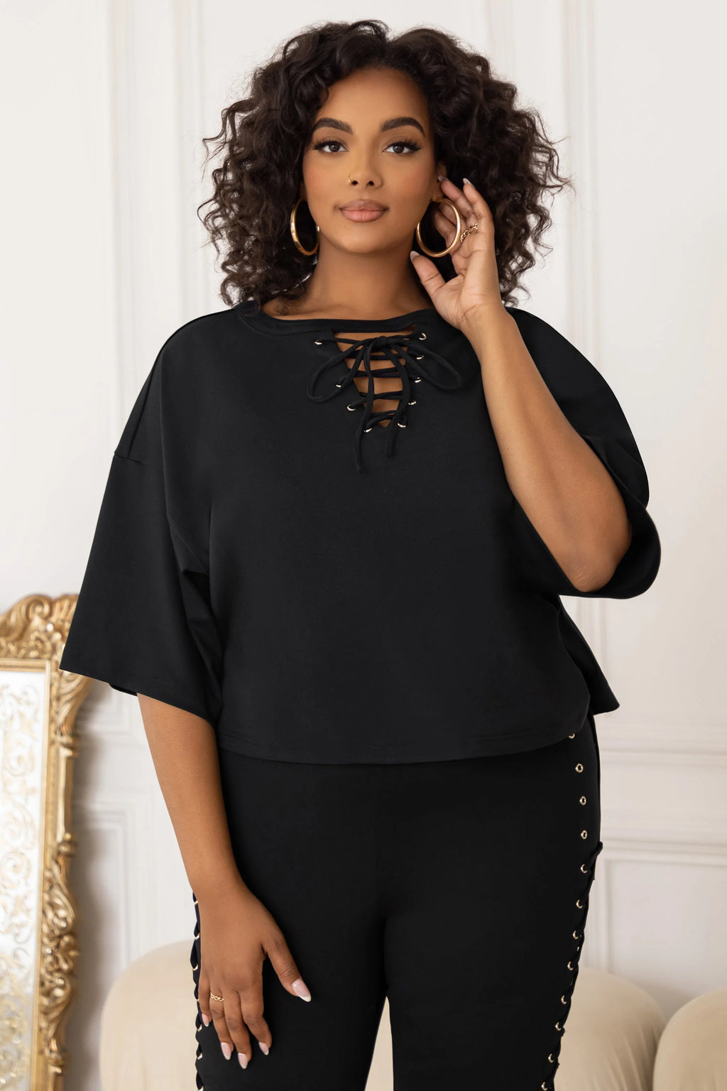 Stepping Out | Plus Black Lace-Up Detail Cropped T-shirt
