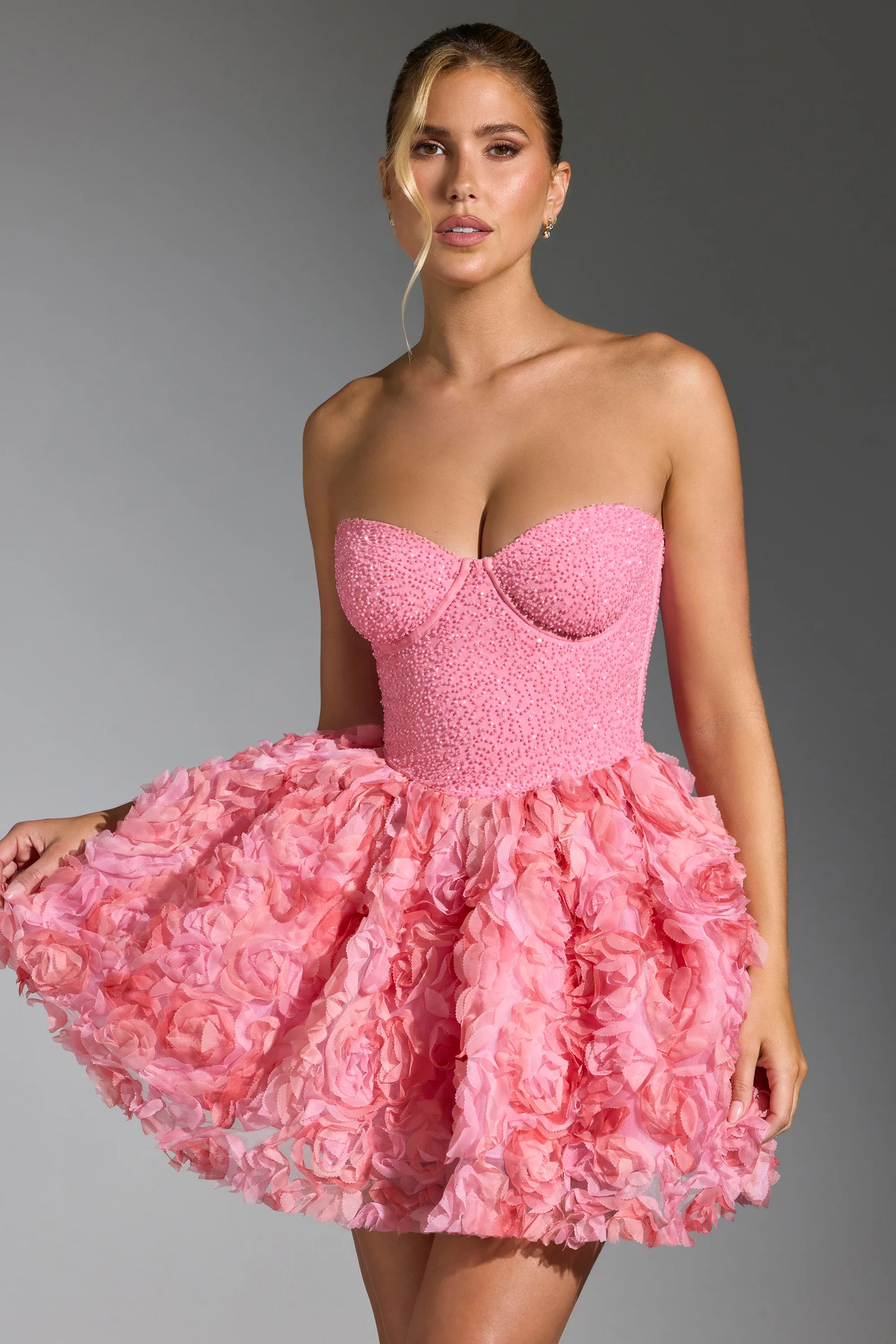 Embellished Floral-Appliqué Lace-Up Mini Dress in Pink