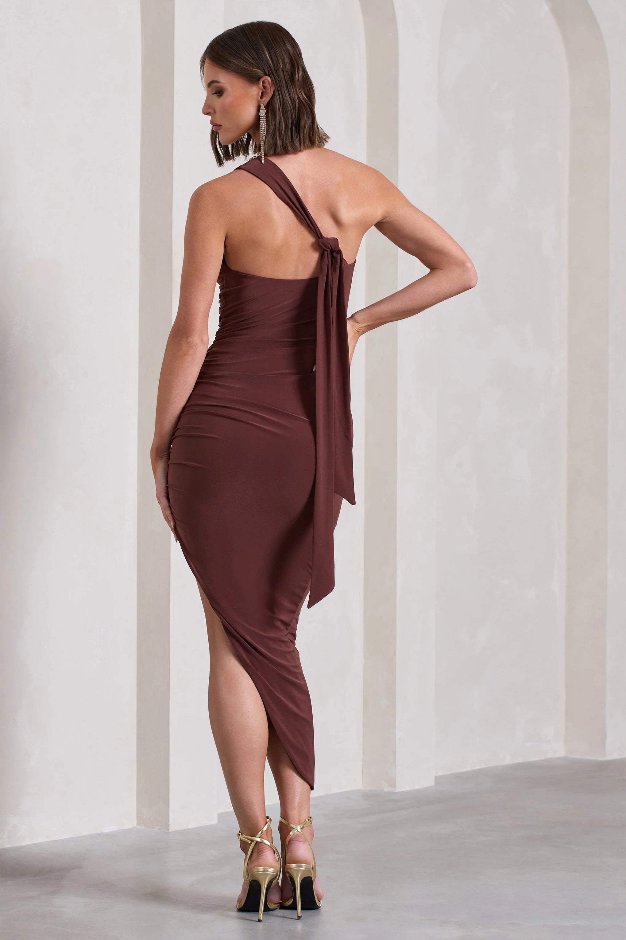 This Way | Chocolate Brown Ruched Asymmetric Loop-Back Maxi Dress