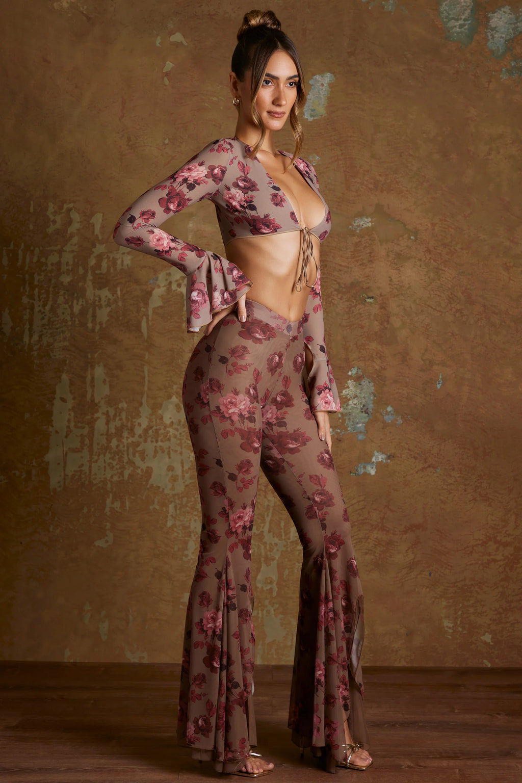 Split Flare Ruffle Trousers in Beige Print