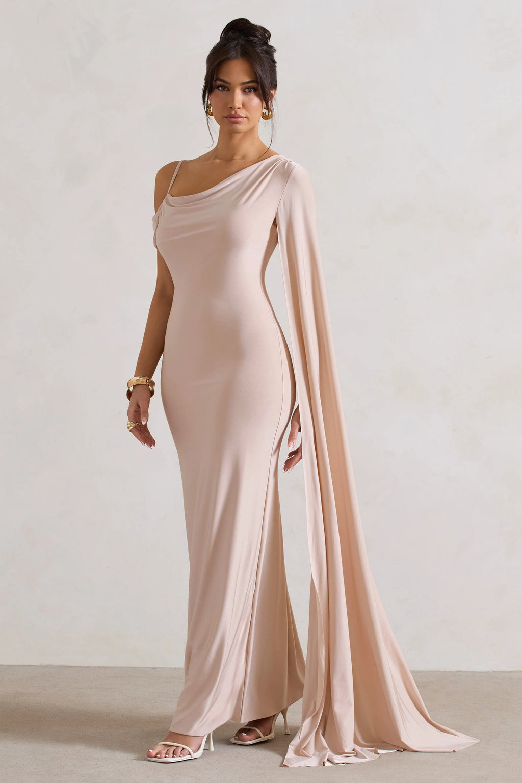 Pedra | Champagne Asymmetric Draped Maxi Dress With Sash