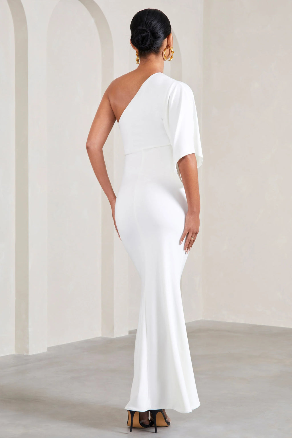 Wisdom | White Ruched Asymmetric One-Shoulder Maternity Maxi Dress