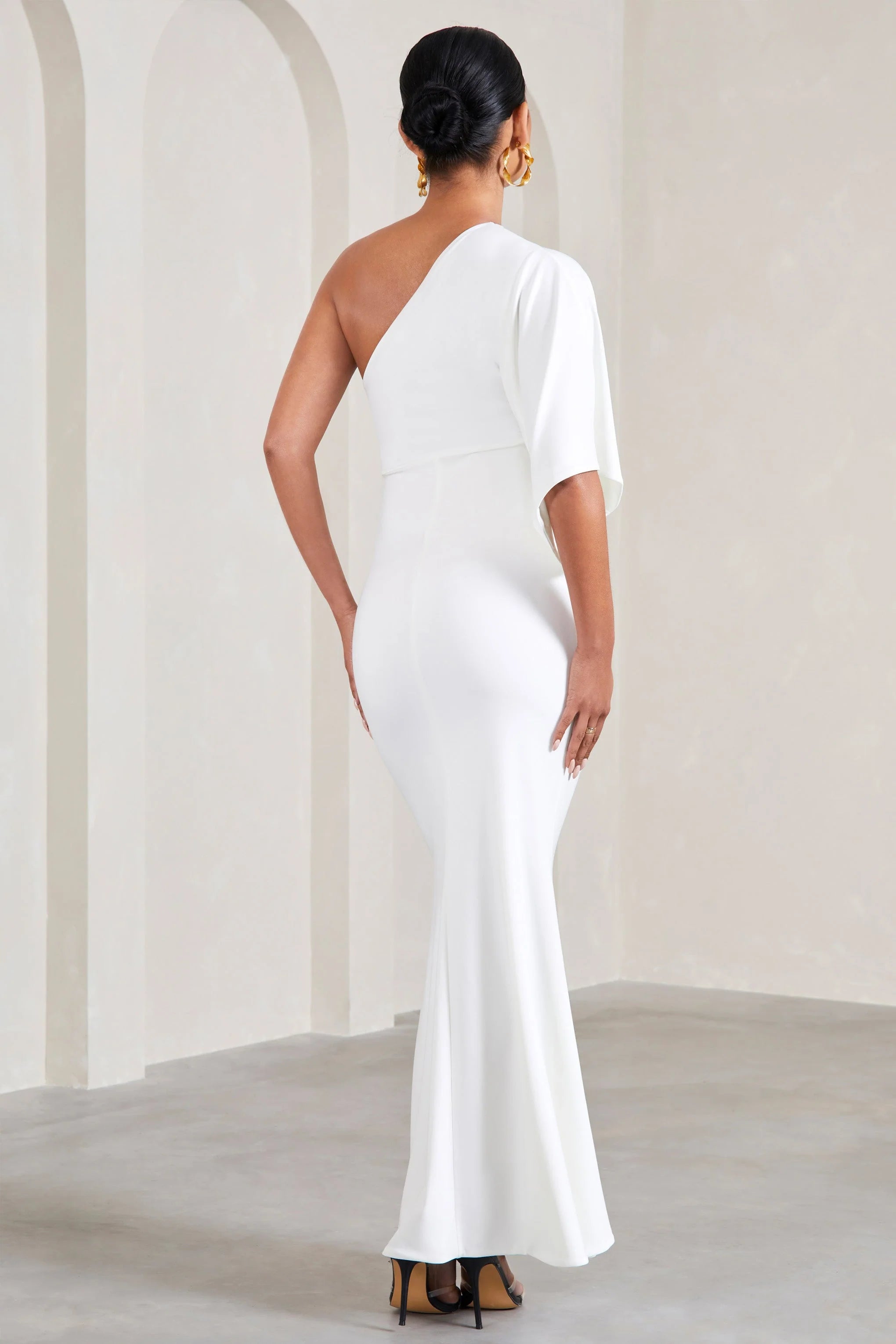 Wisdom | White Ruched Asymmetric One-Shoulder Maternity Maxi Dress