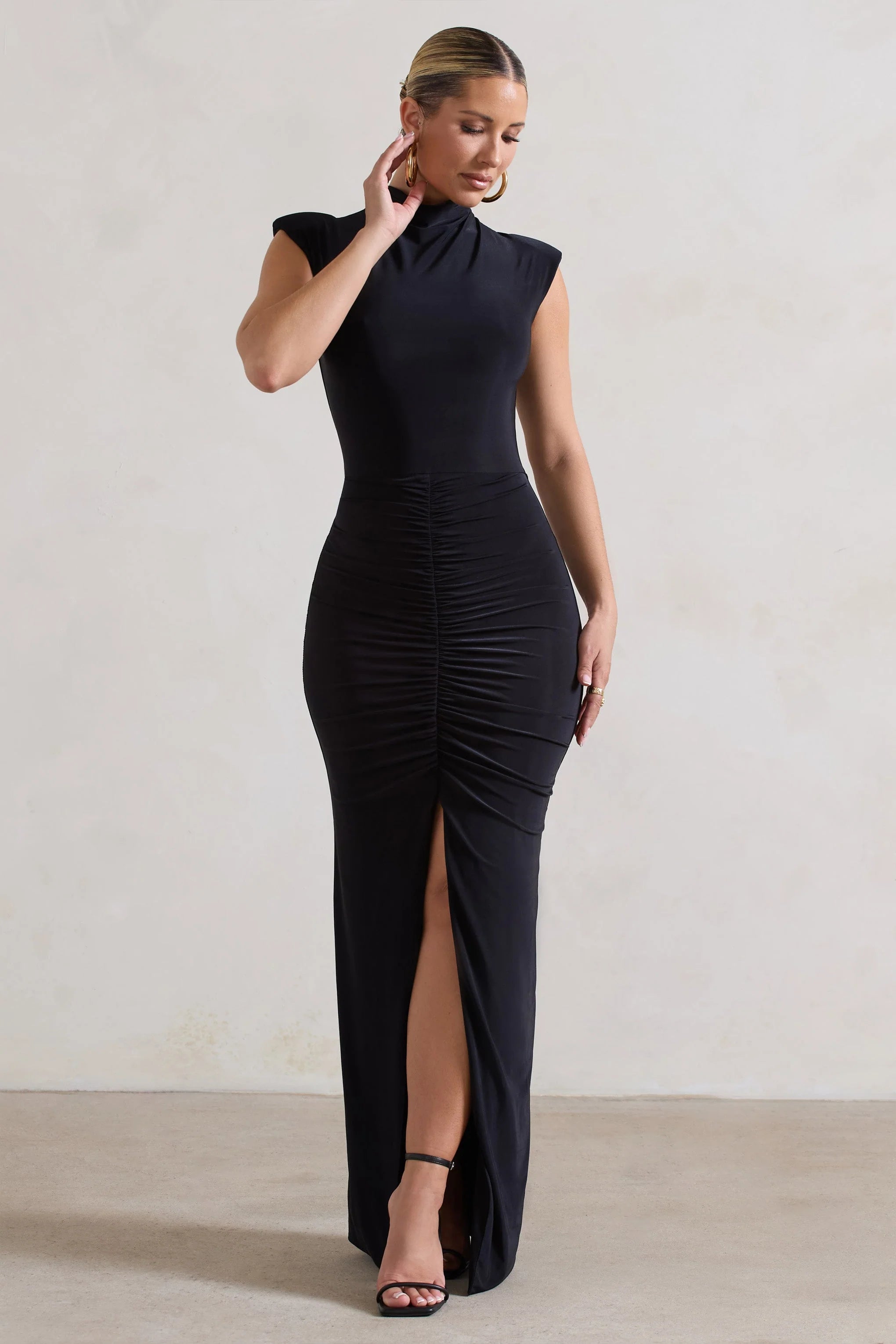 Samira | Black Ruched High-Neck Split Maxi Dress
