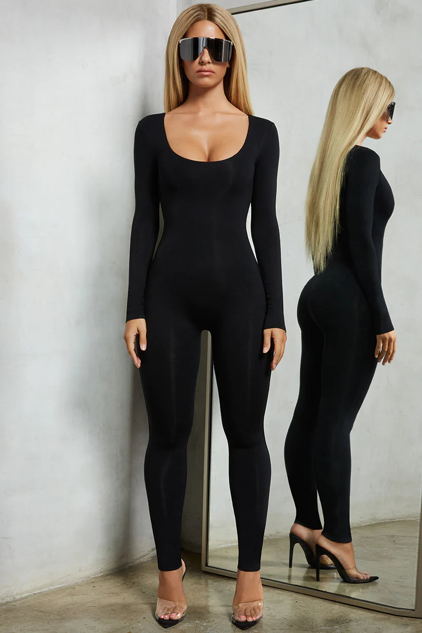 Suit Up Long Sleeve Unitard Jumpsuit in Black