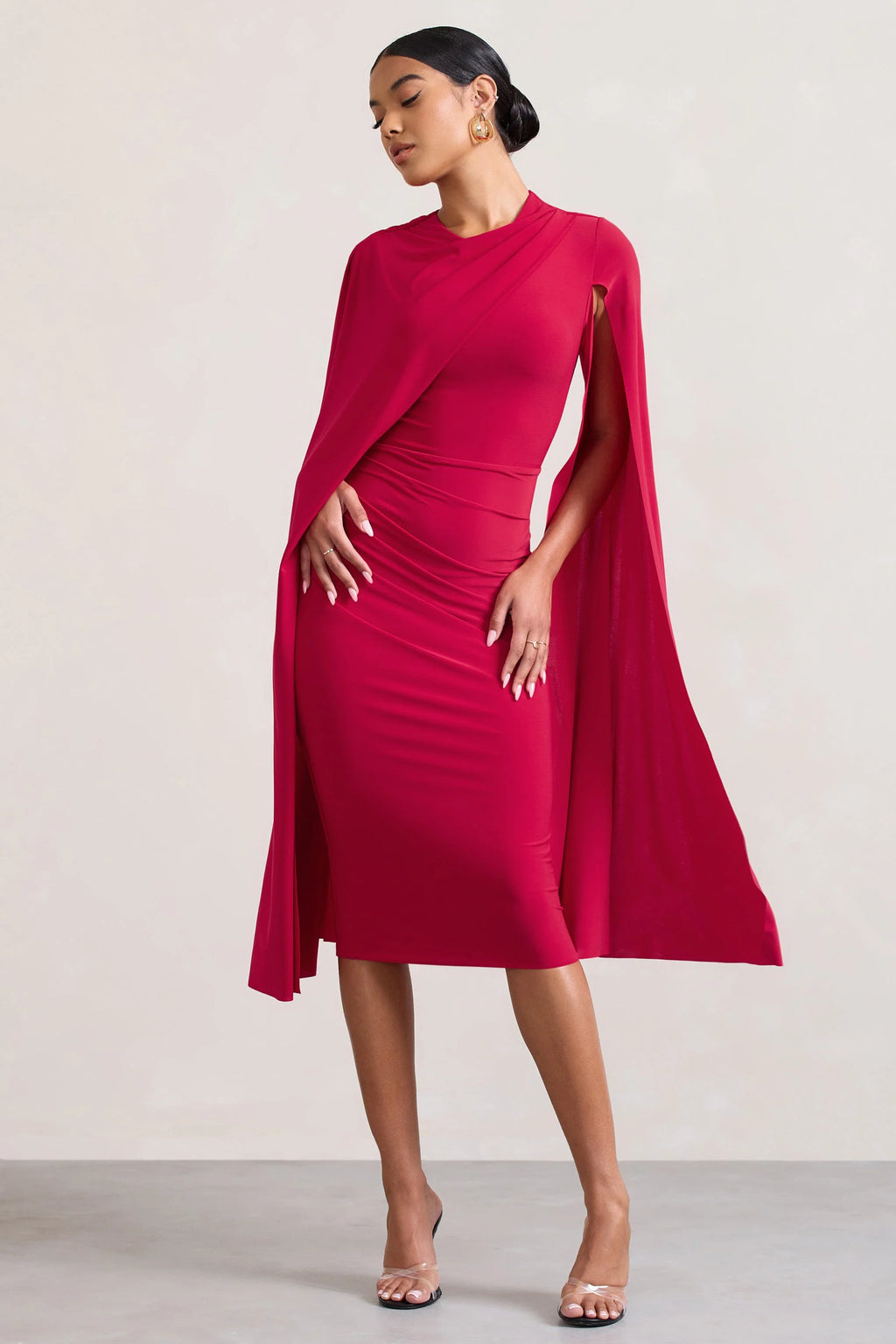 Marysol | Red Asymmetric Cape Midi Dress