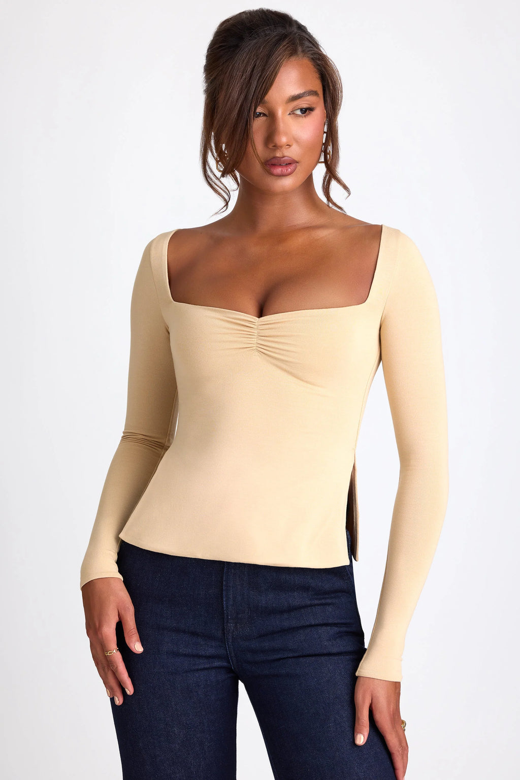Modal Sweetheart Neckline Long Sleeve Top in Sand