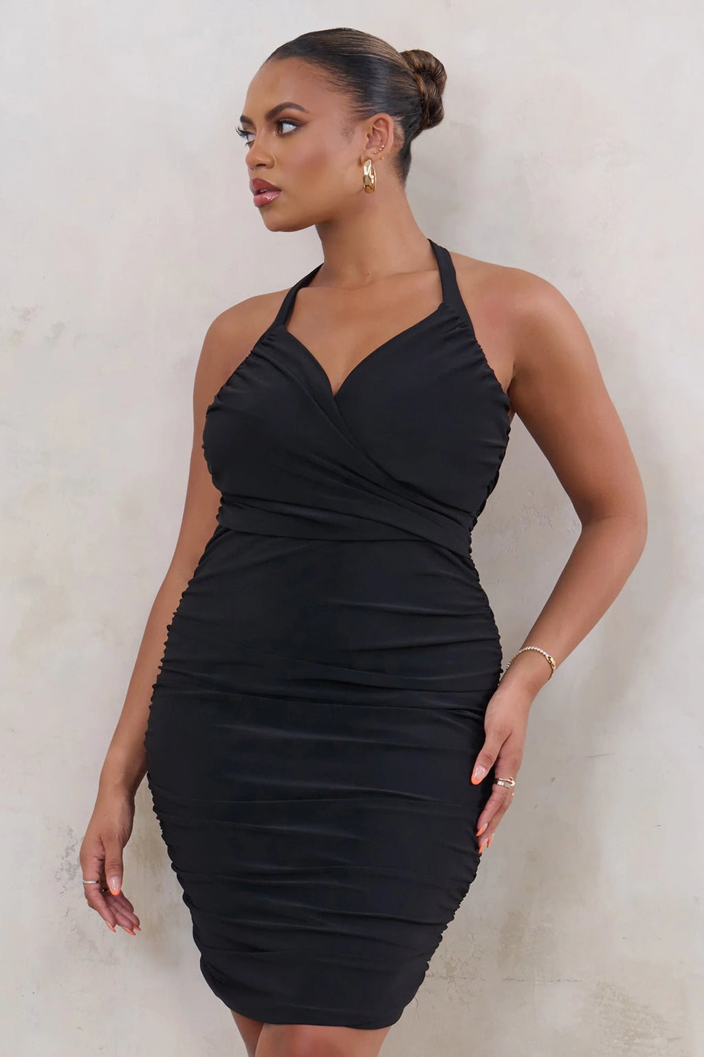 All Or Nothing | Plus Black Halterneck Ruched Mini Dress
