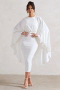 Tranquility | White Gathered Midi Dress With Cape