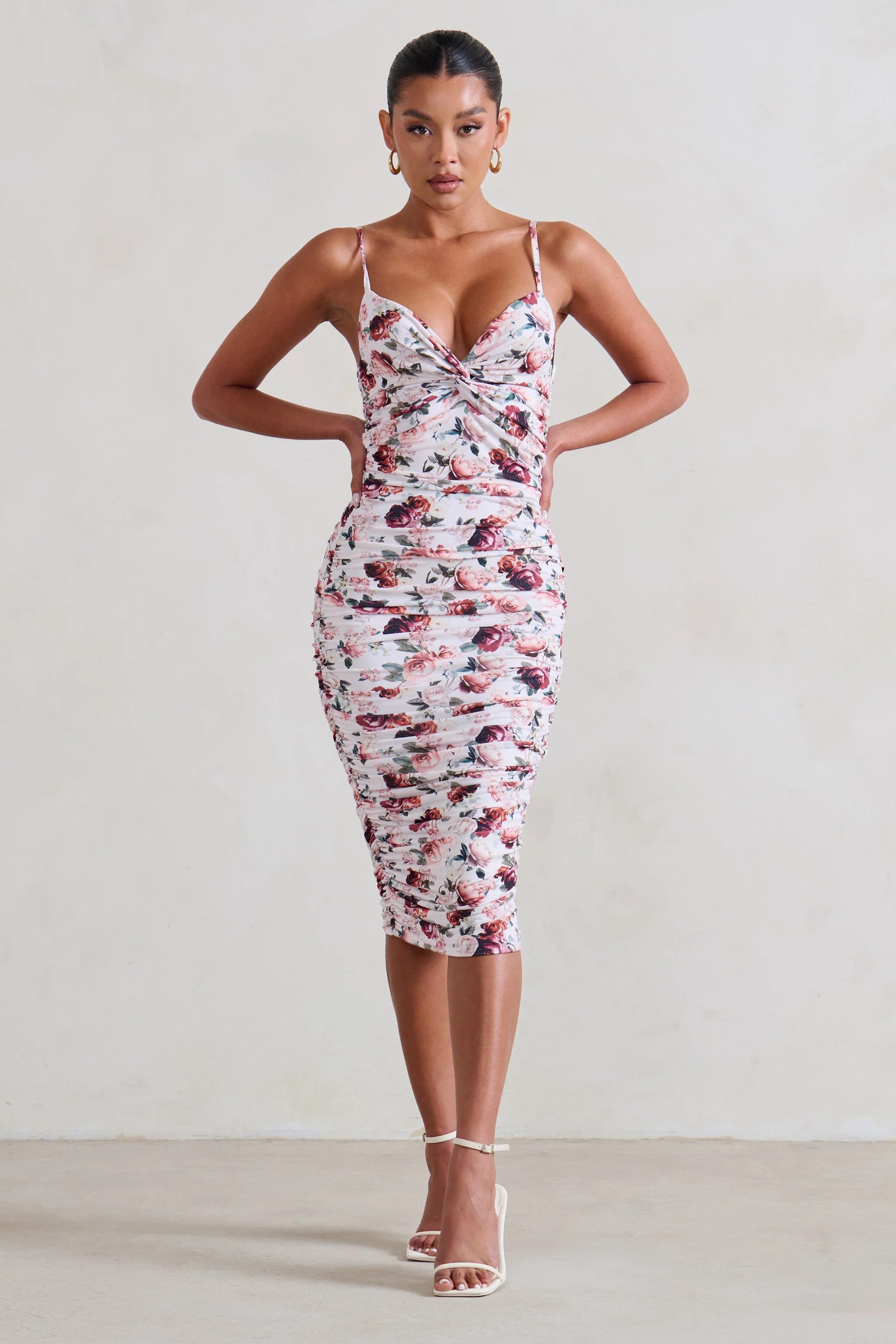Desired | White Floral Ruched Strappy Midi Dress