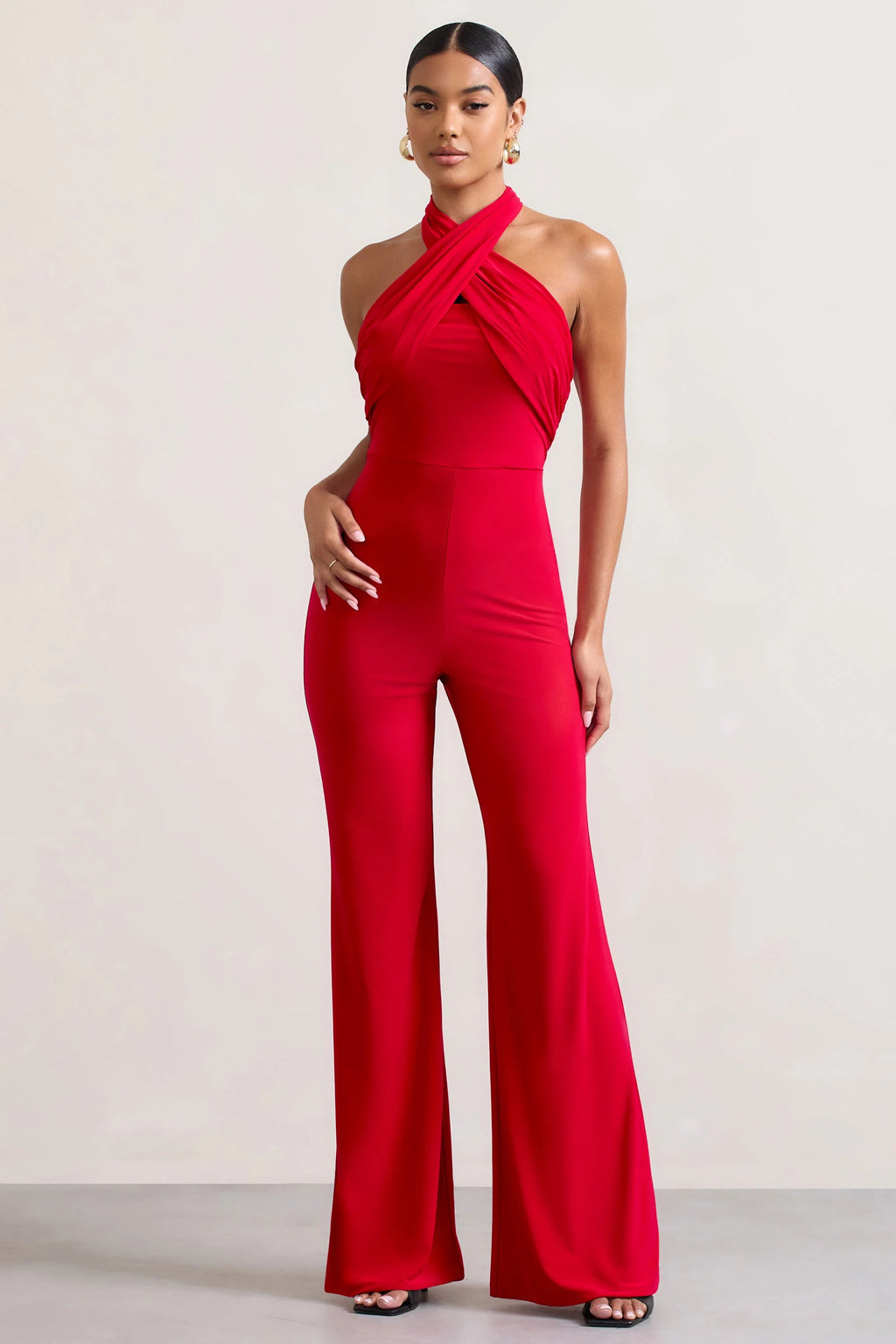 Goddess | Red Halter Neck Flare Jumpsuit