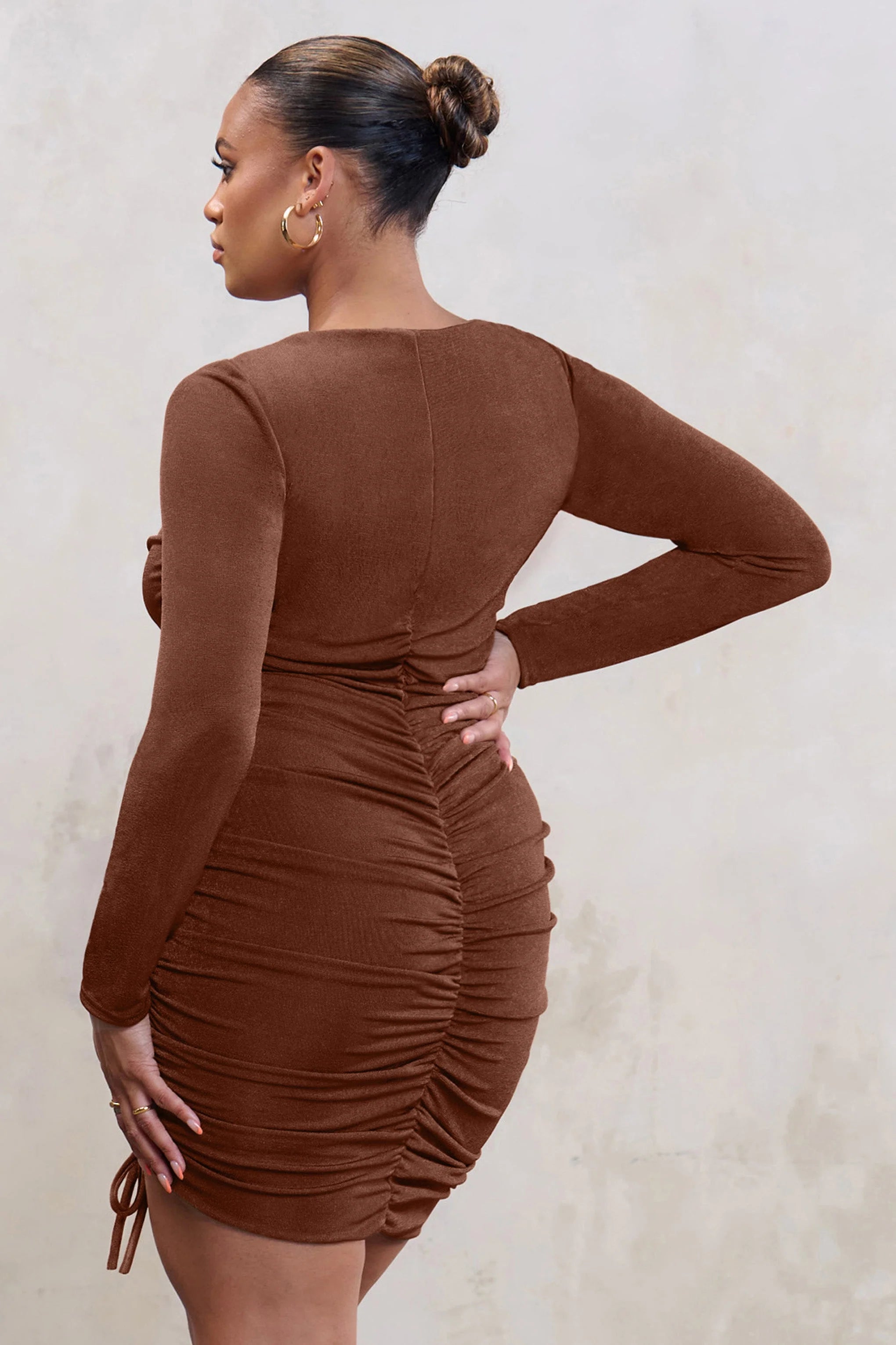 Mirage | Plus Brown Long Sleeve Ruched Mini Dress