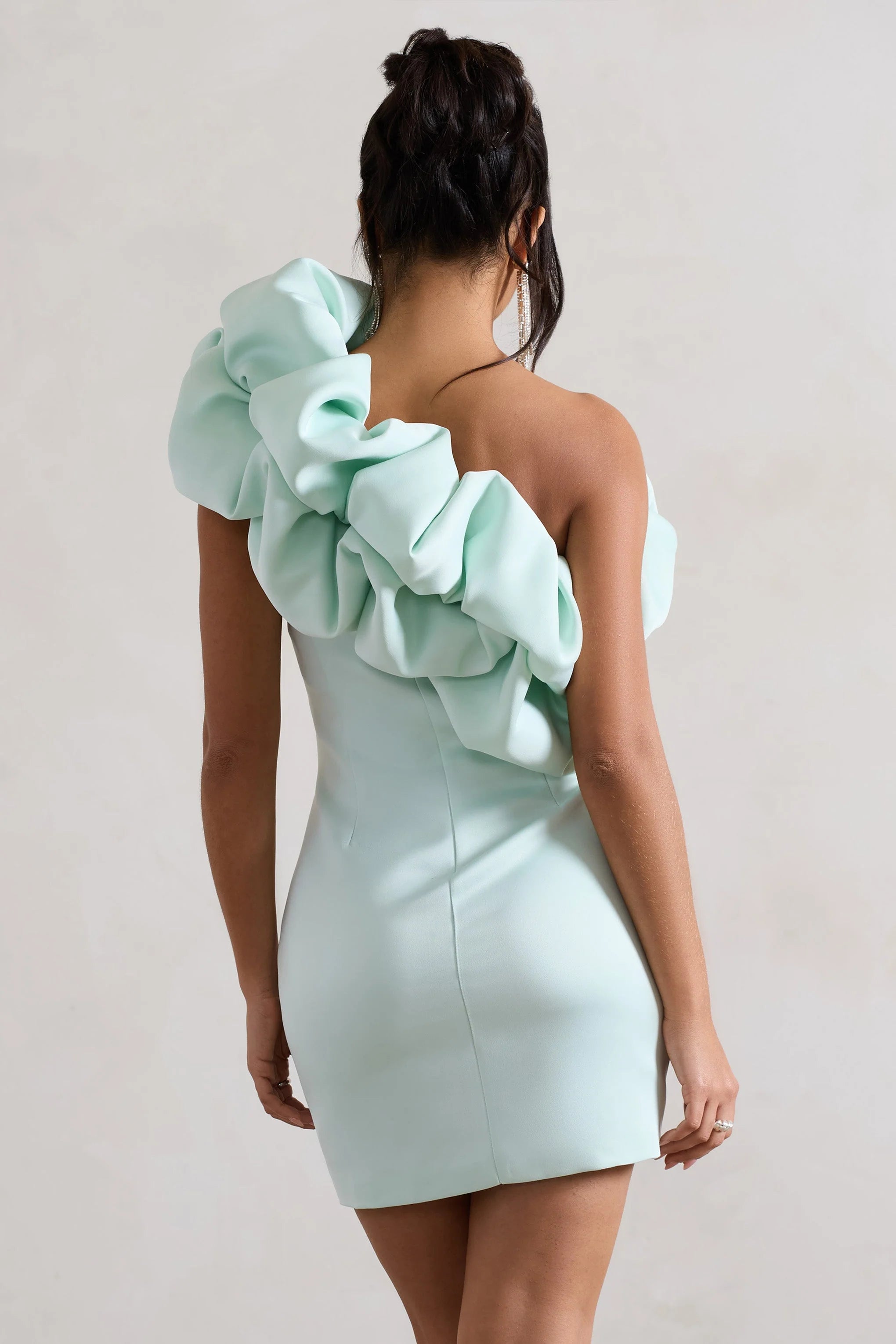 At The Opera | Mint Satin Asymmetric Ruffled Mini Dress