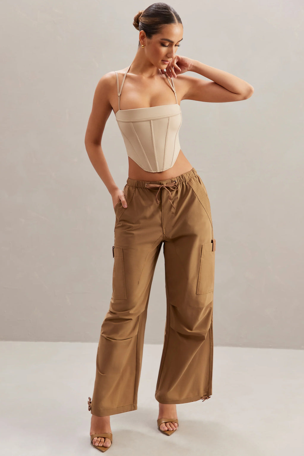 Petite Wide Leg Cargo Trousers in Tan