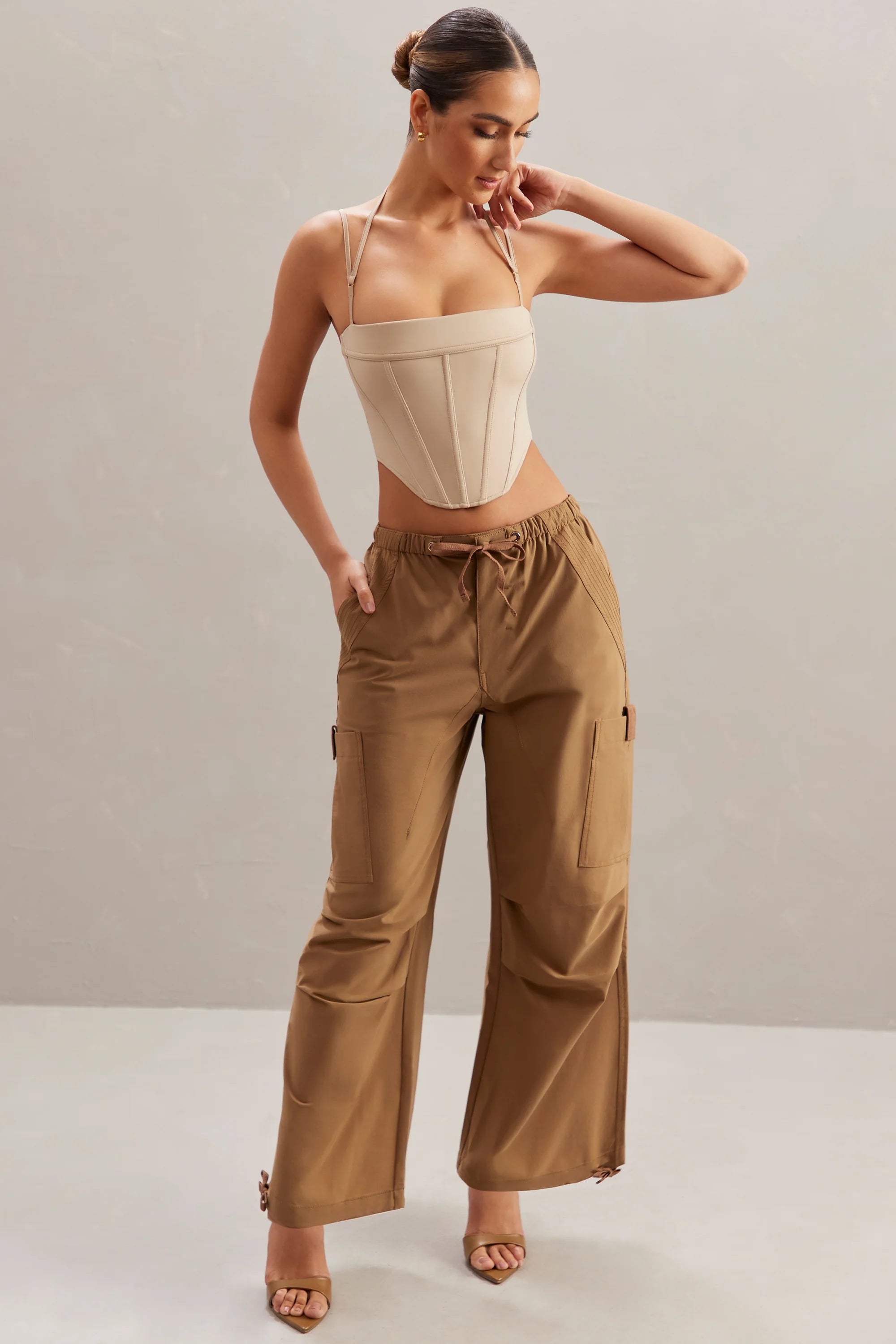 Petite Wide Leg Cargo Trousers in Tan