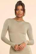Long Sleeve Straight Neck Ruched Modal Cashmere Blend Top in Taupe