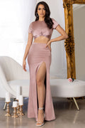 All For Love | Nude Seam Detail Thigh Split Maxi Skirt