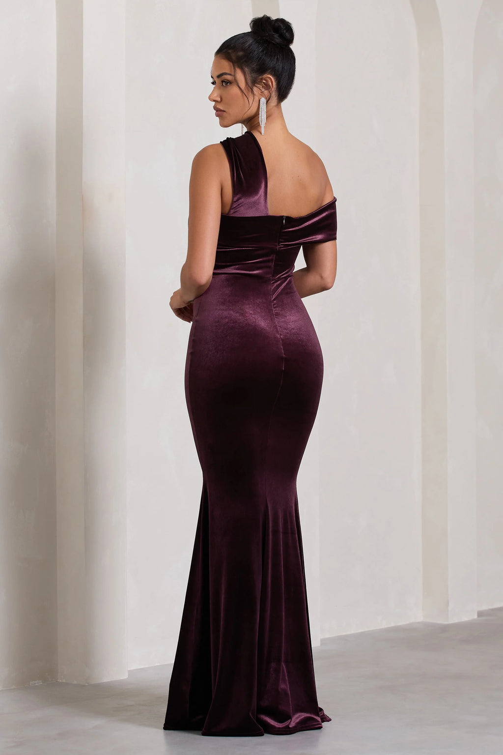 Candela | Port Velvet Asymmetric Bardot Maxi Dress