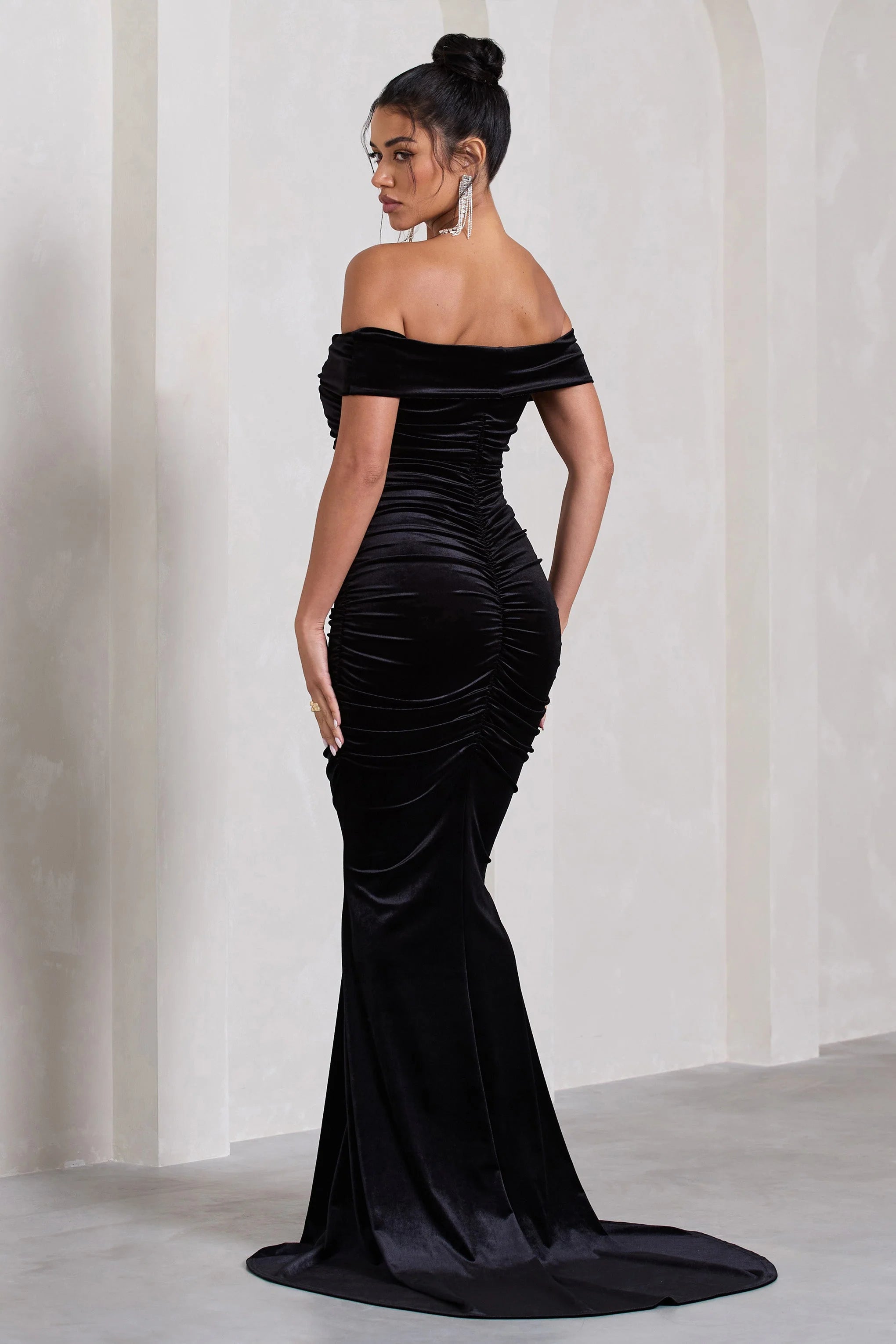 Apolline | Black Velvet Off The Shoulder Ruched Fishtail Maxi Dress