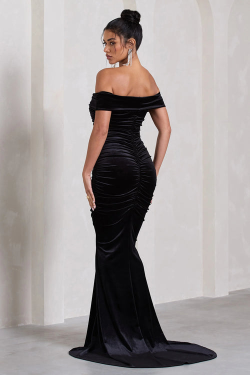Apolline | Black Velvet Off The Shoulder Ruched Fishtail Maxi Dress