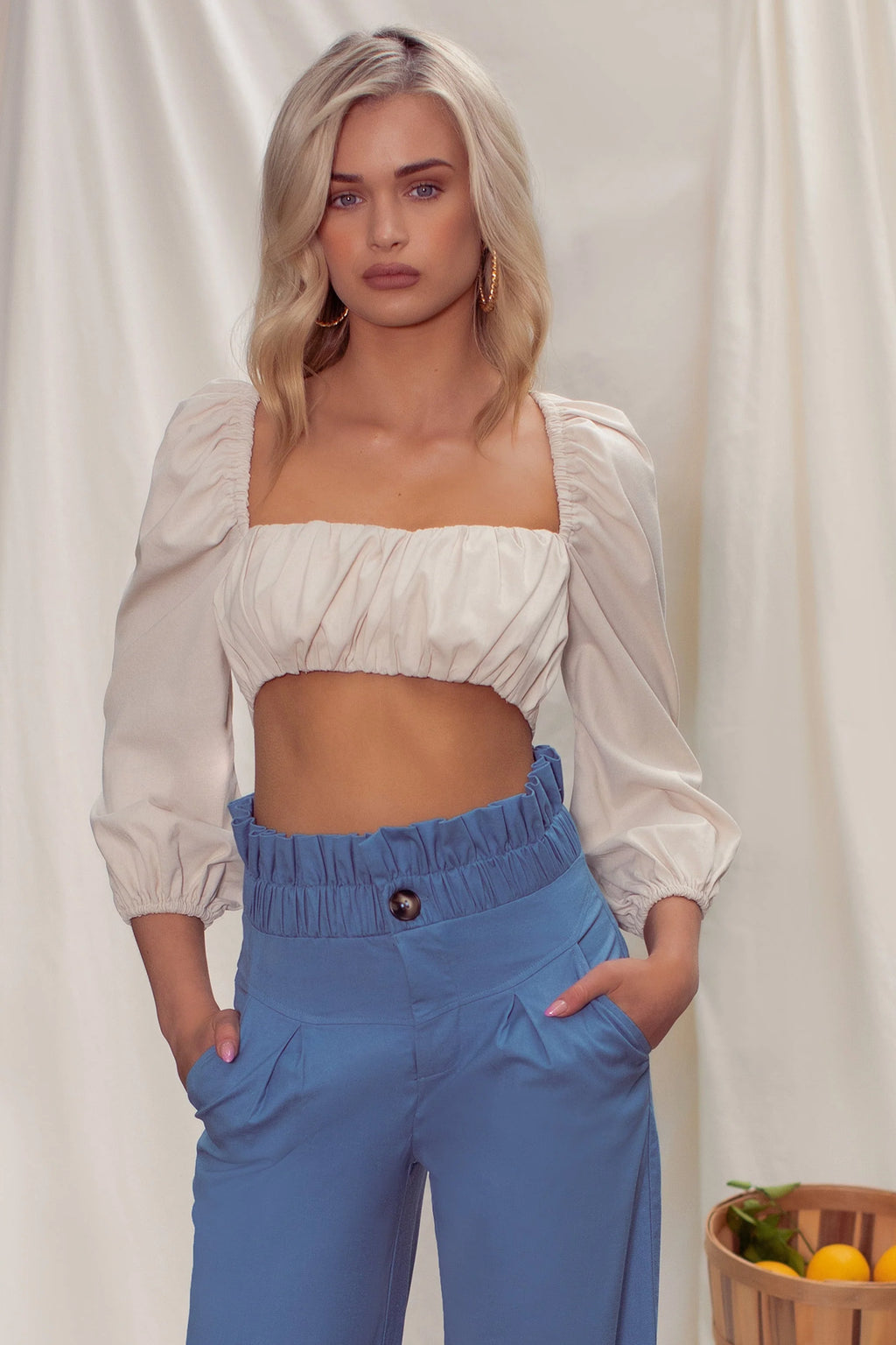 So Softly | Cream Sweetheart Neckline Crop Top With Puff Sleeves