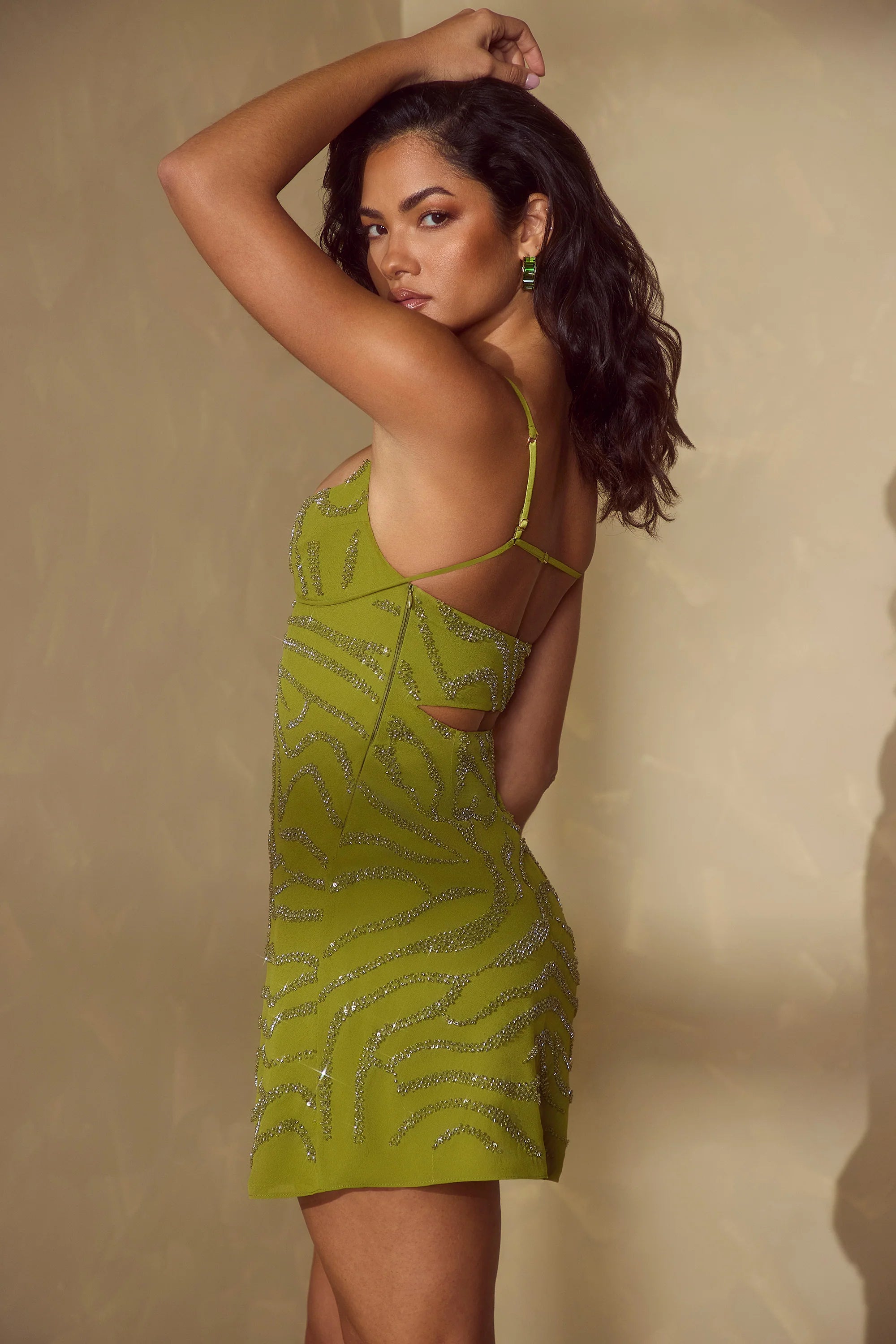 Embellished A-Line Mini Dress in Olive