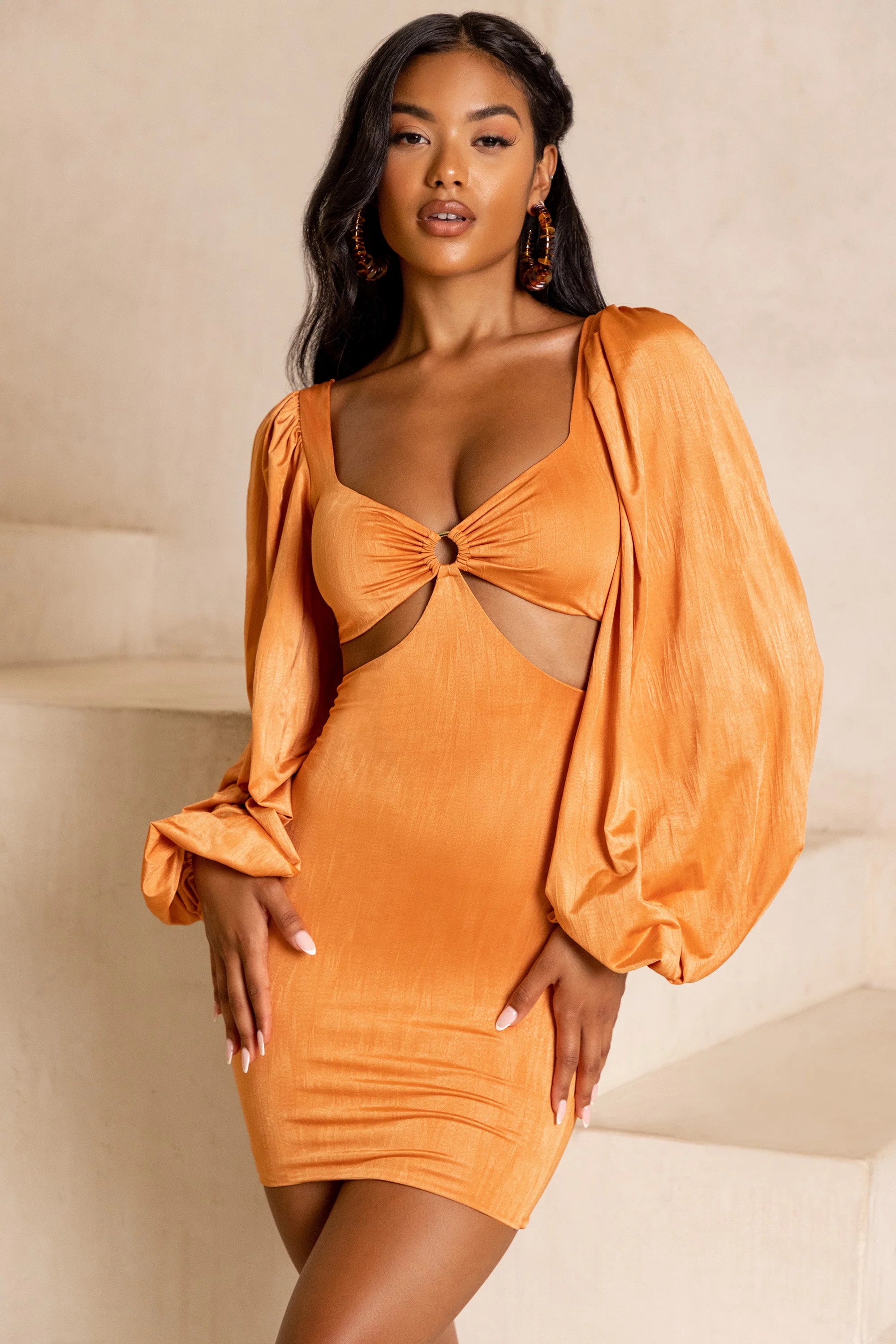 Balloon Sleeve Cut Out Mini Dress in Caramel