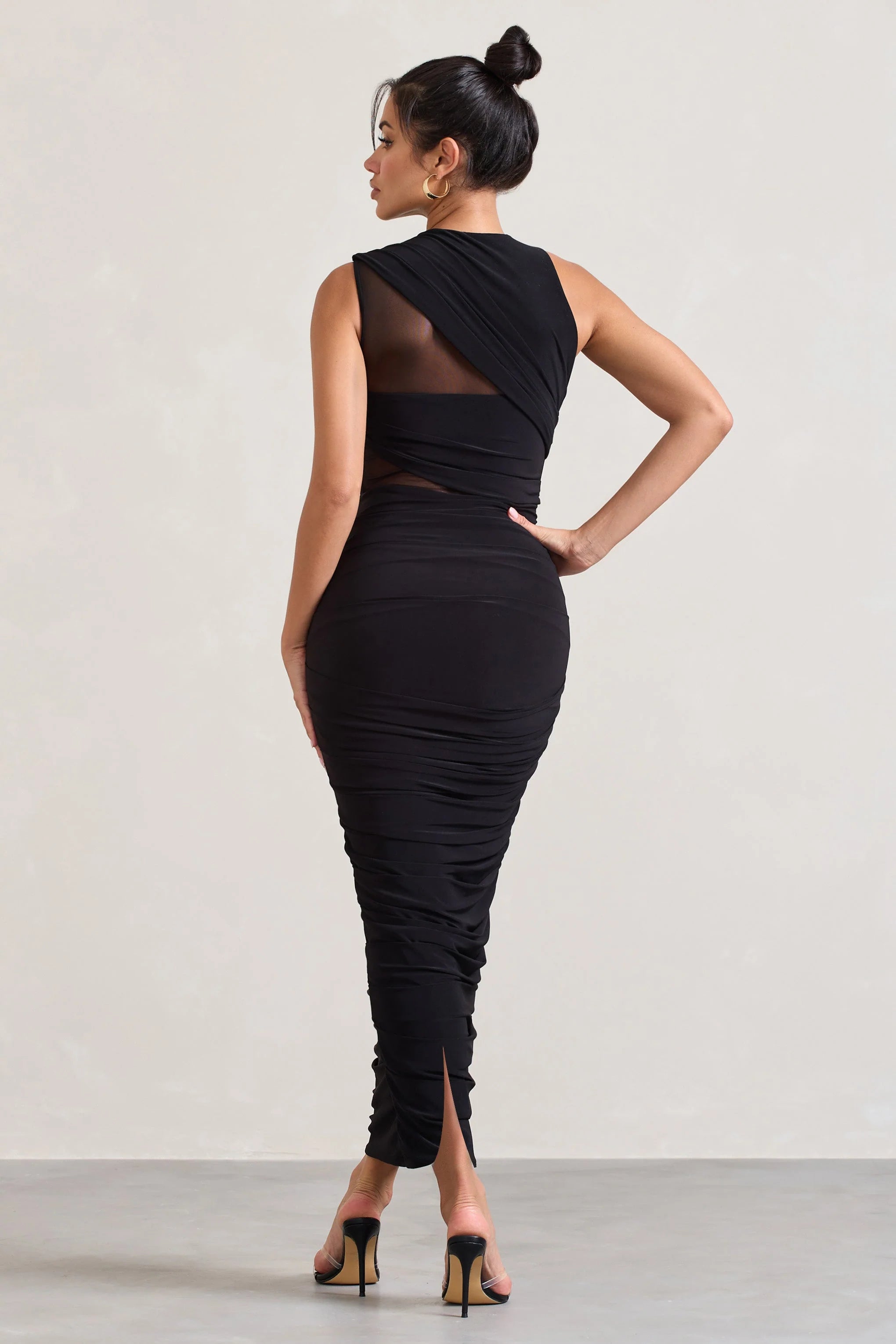 Born With It | Black Sleeveless High-Neck Draped Maxi Dress With Mesh Inserts