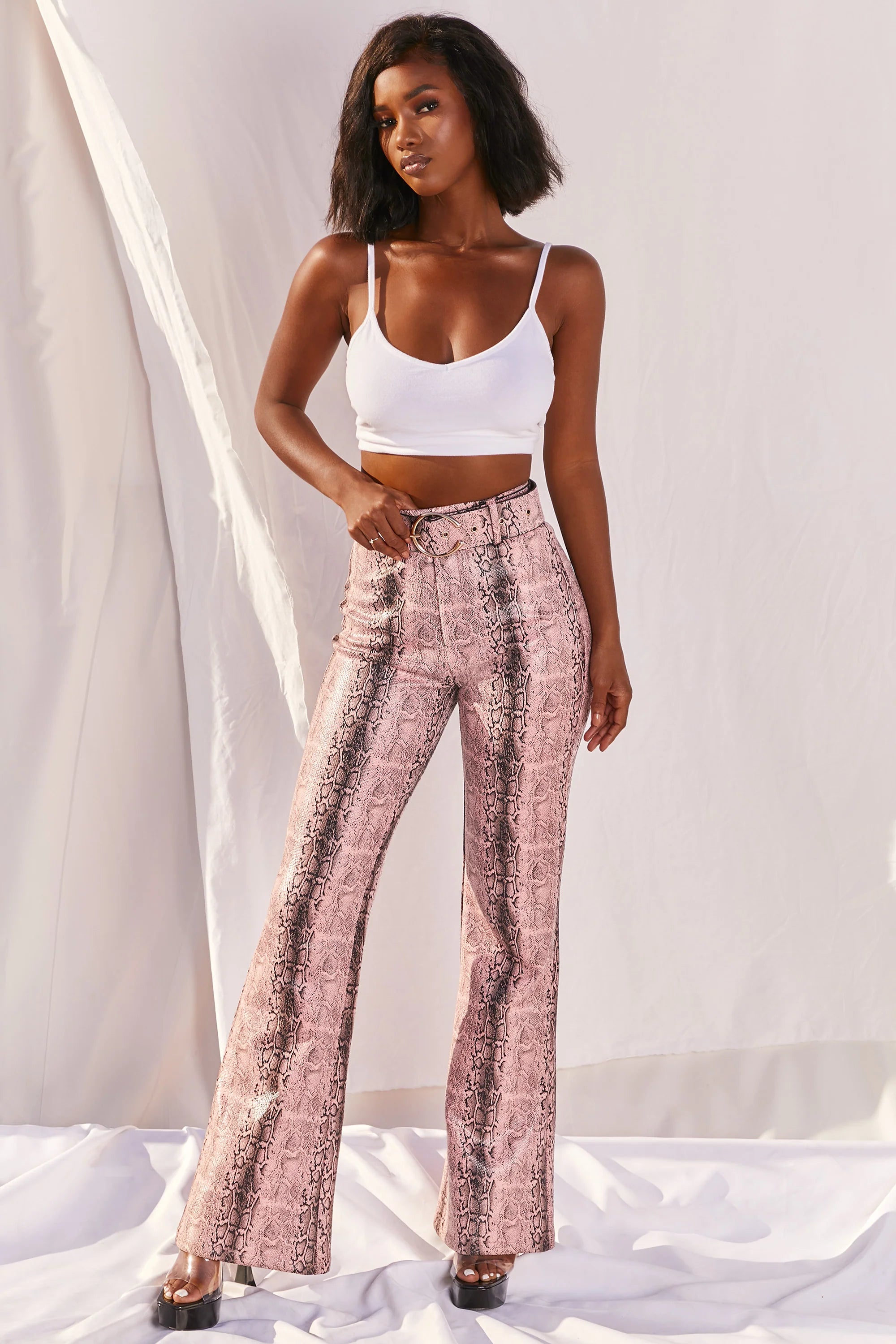 Drive ‘Em Wild Petite High Waisted Wide Leg Trousers in Pink Snake Print