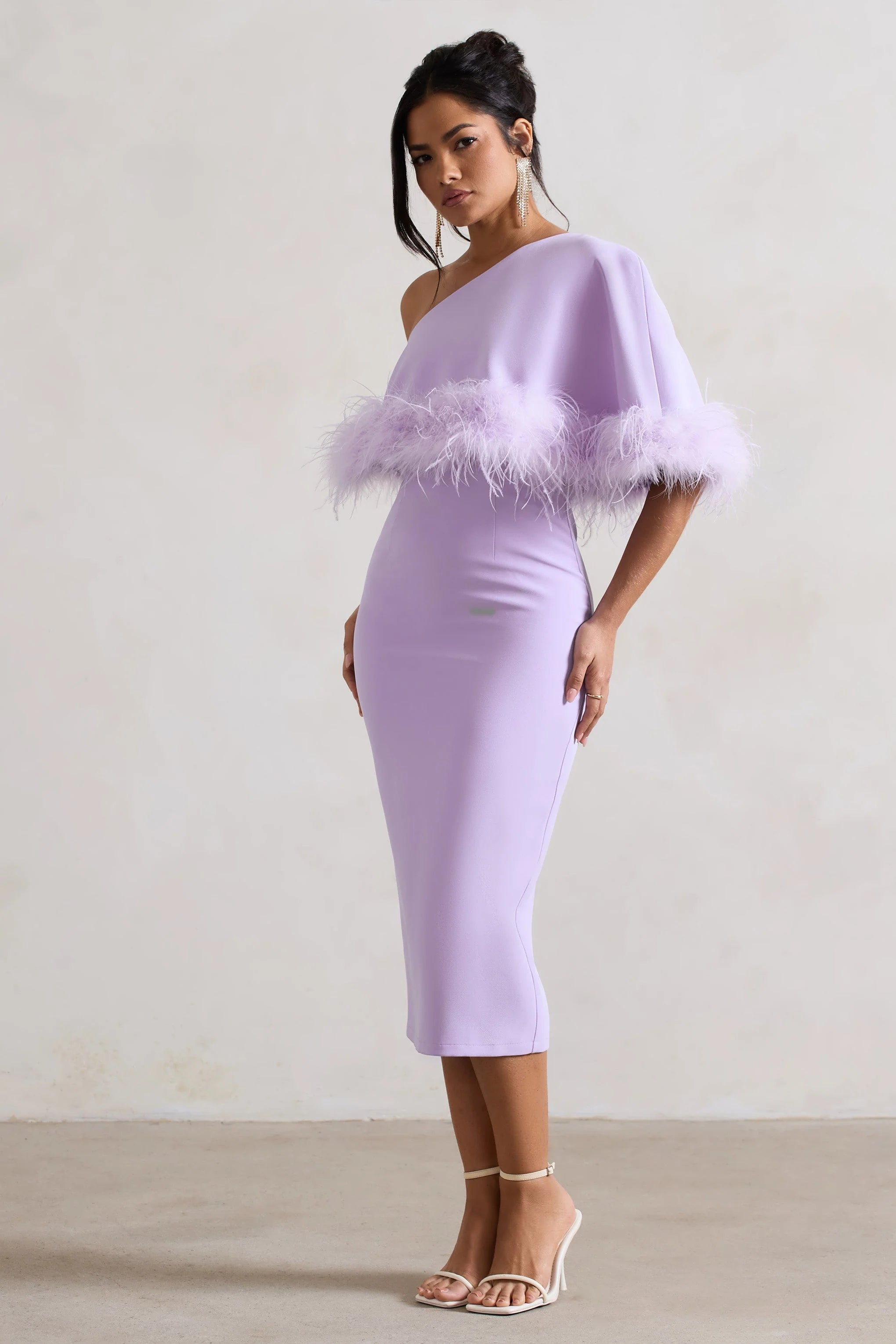 Victory | Lilac Asymmetric Midi Dress With Feather Trim