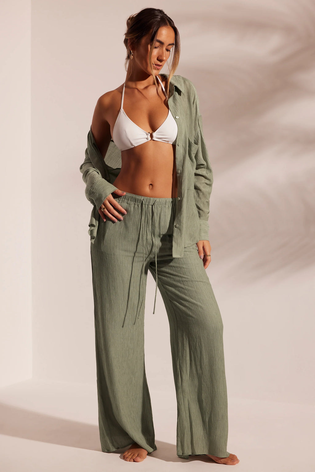 Crinkle Textured Oversized Beach Shirt in Light Green