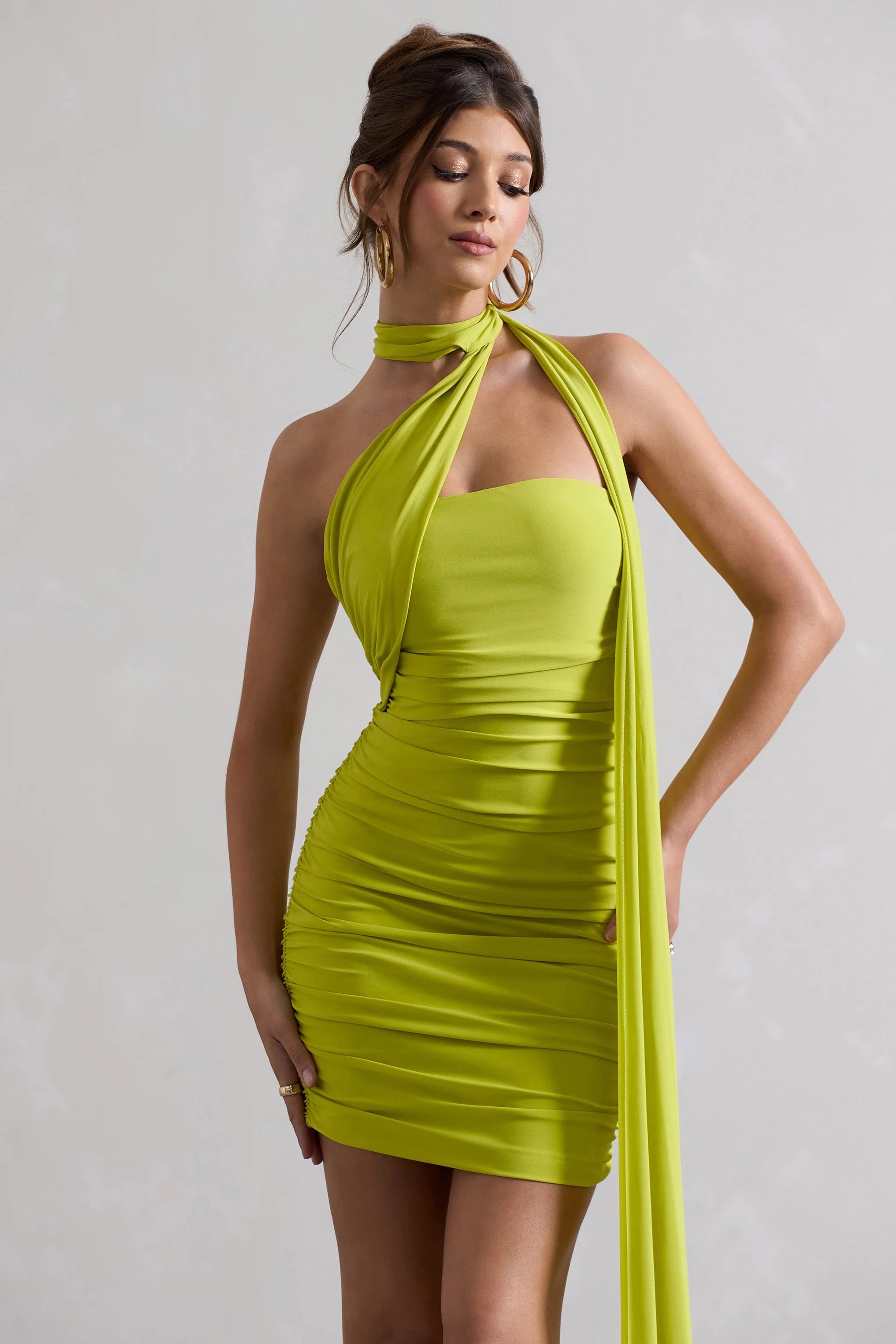 Abel | Lime Green Ruched Asymmetric Mini Dress With Scarf