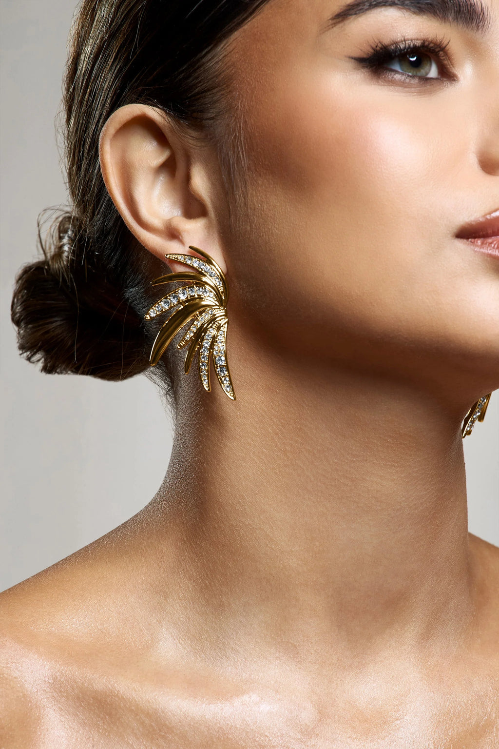 Curious | Gold Diamante Half Leaf Earrings