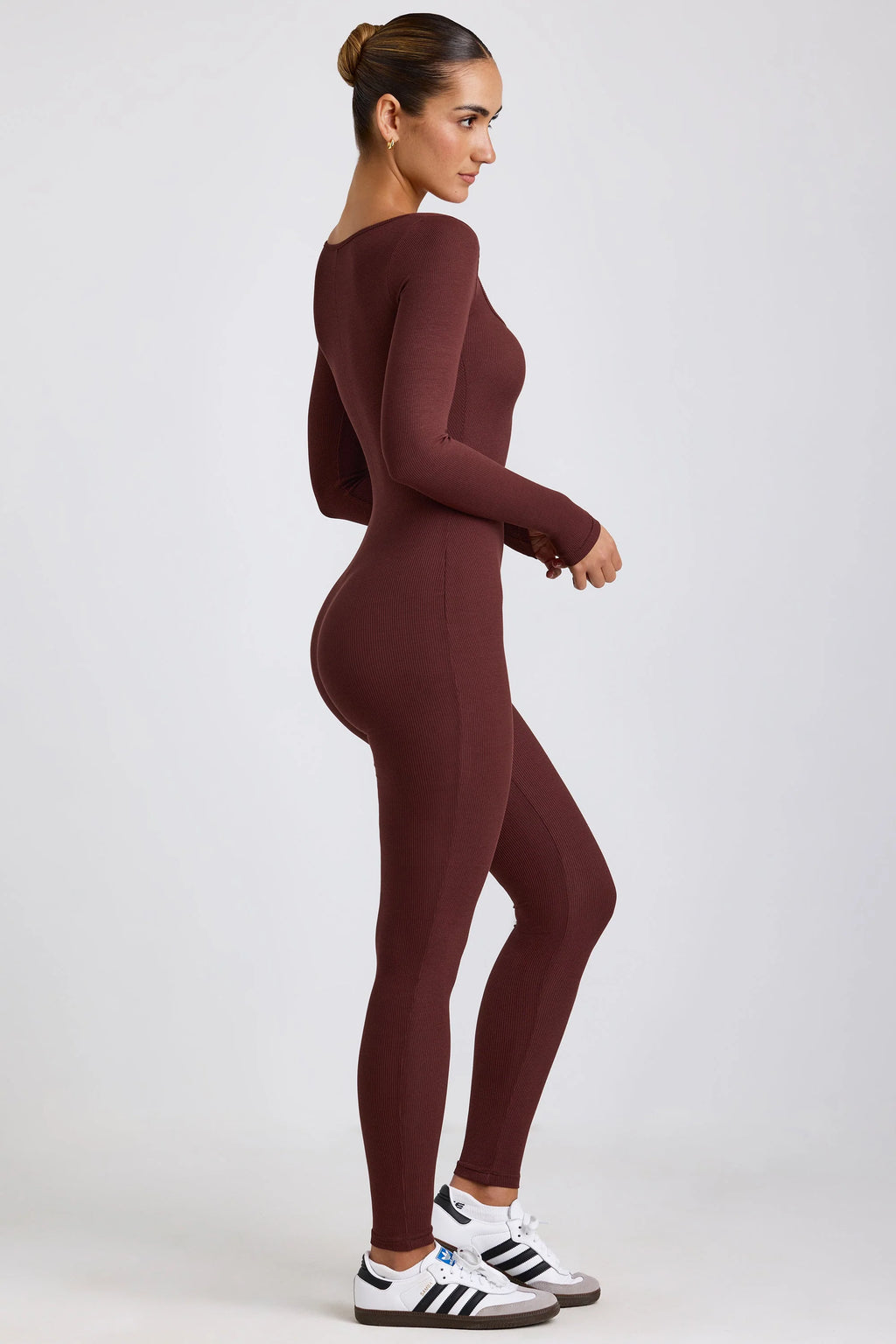 Tall Ribbed Modal Long Sleeve Jumpsuit in Espresso