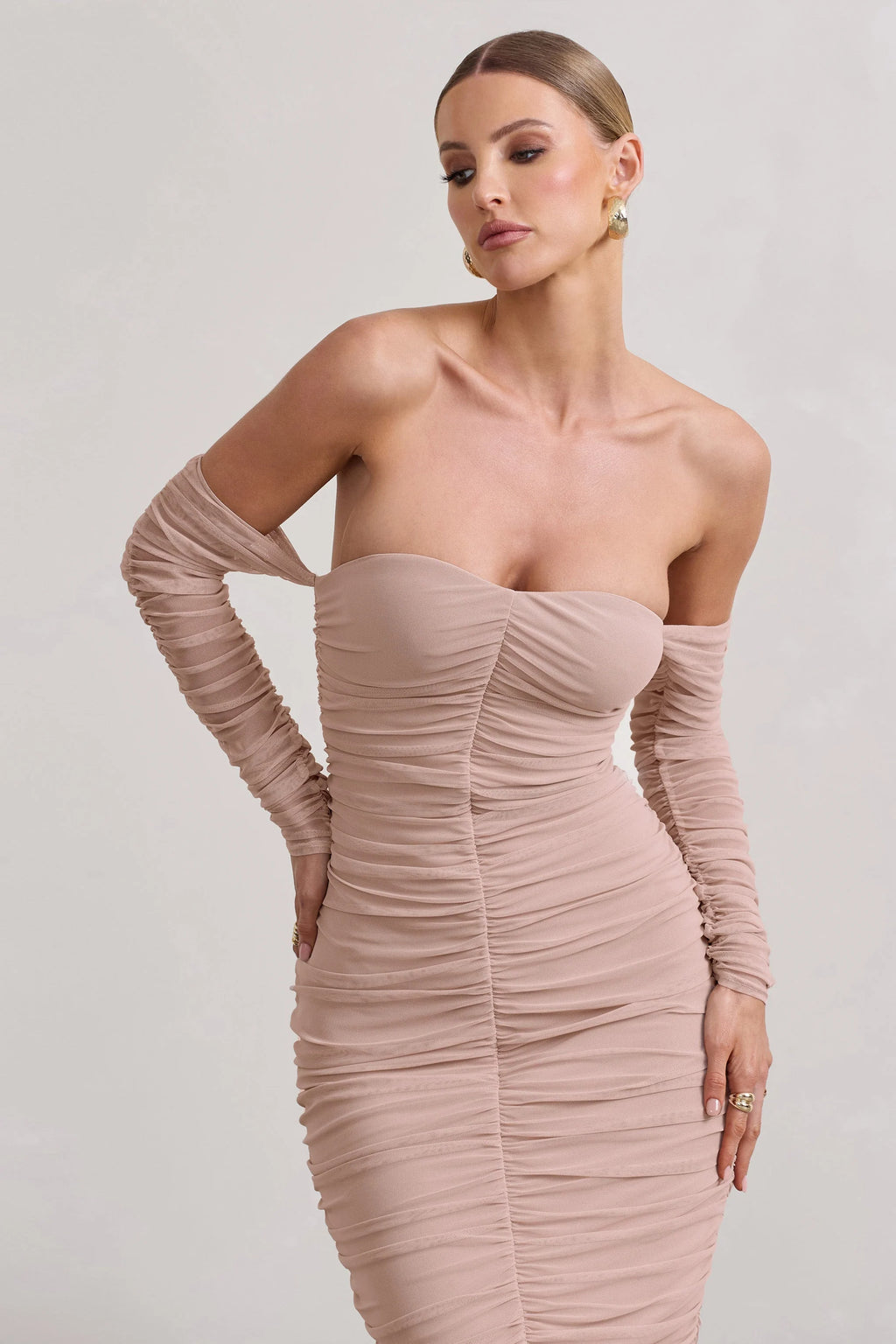 Indy | Champagne Ruched Strapless Long-Sleeve Midi Dress