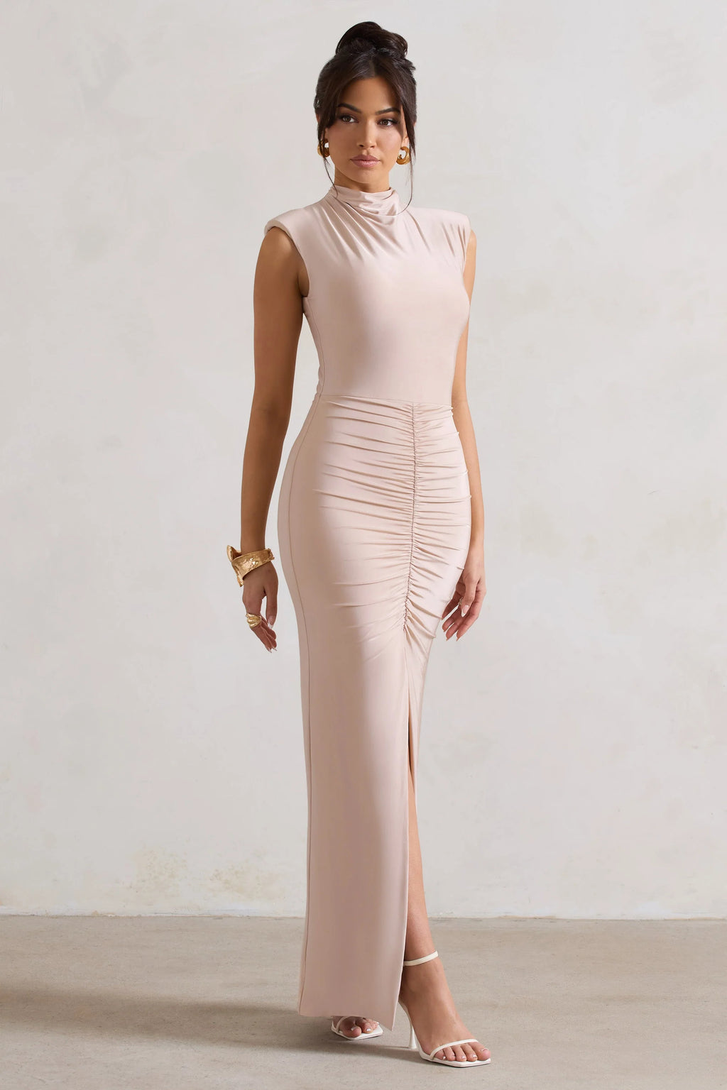 Samira | Champagne Ruched High-Neck Split Maxi Dress