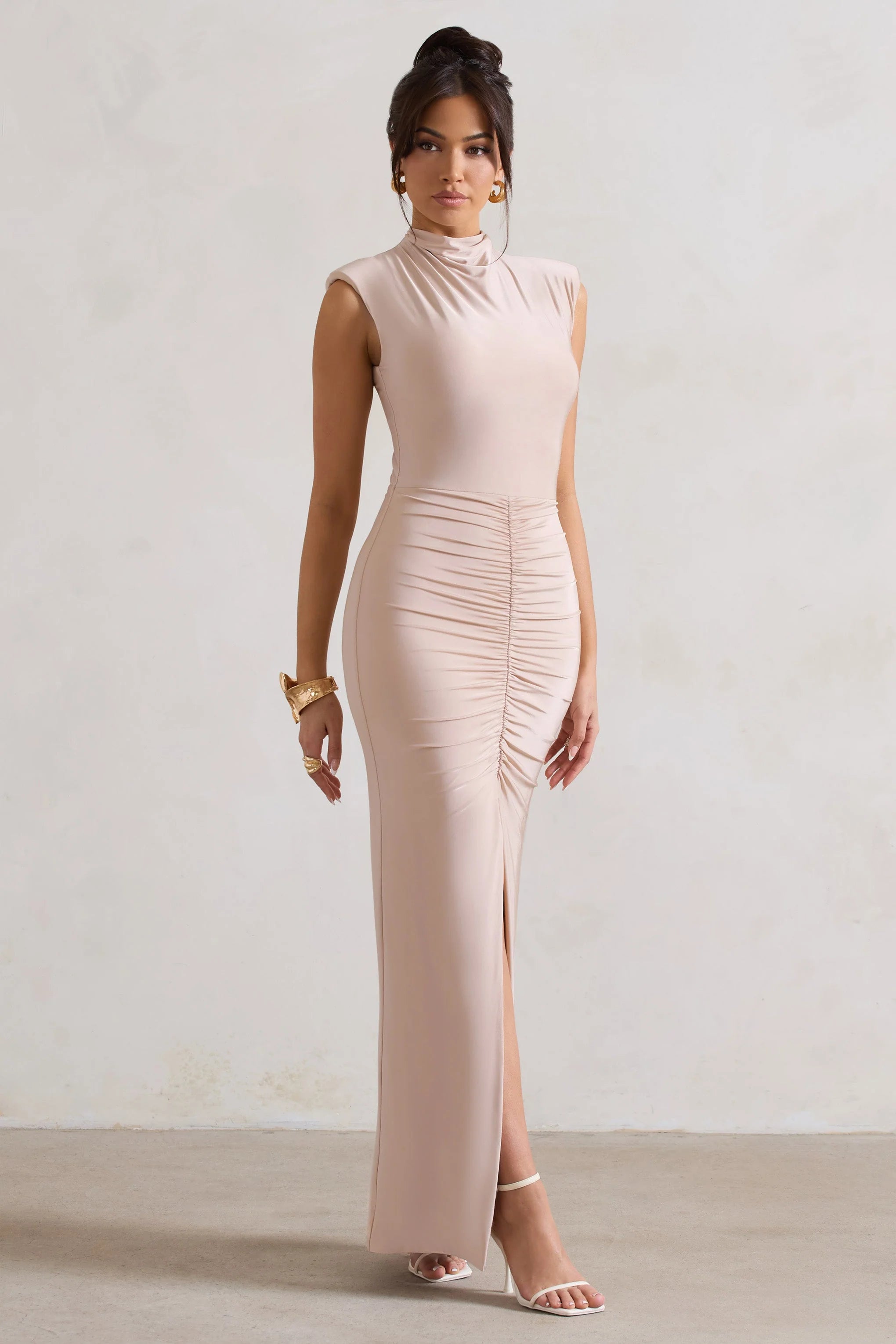 Samira | Champagne Ruched High-Neck Split Maxi Dress