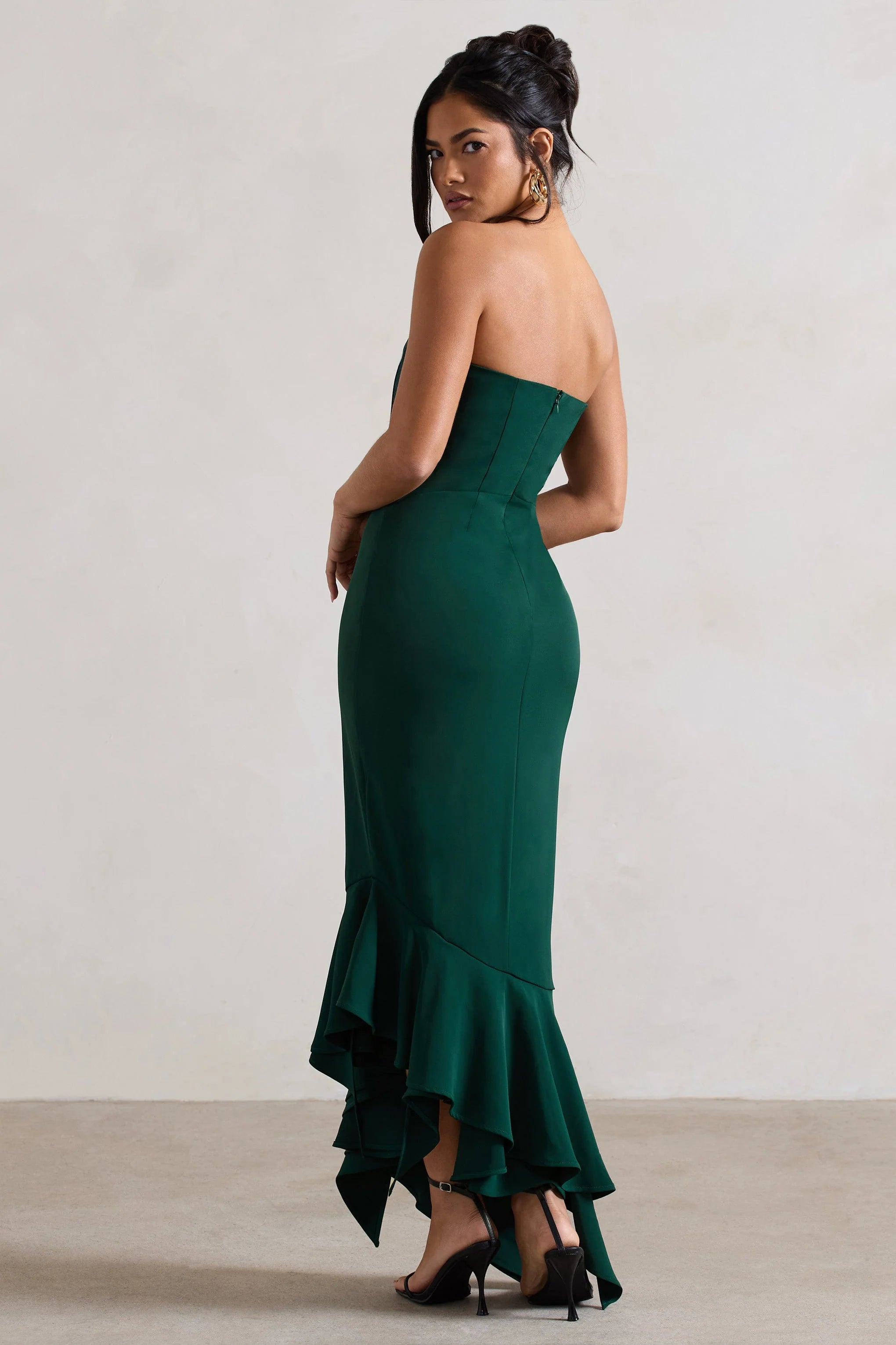 Sandy | Bottle Green Strapless Corset Asymmetric Maxi Dress
