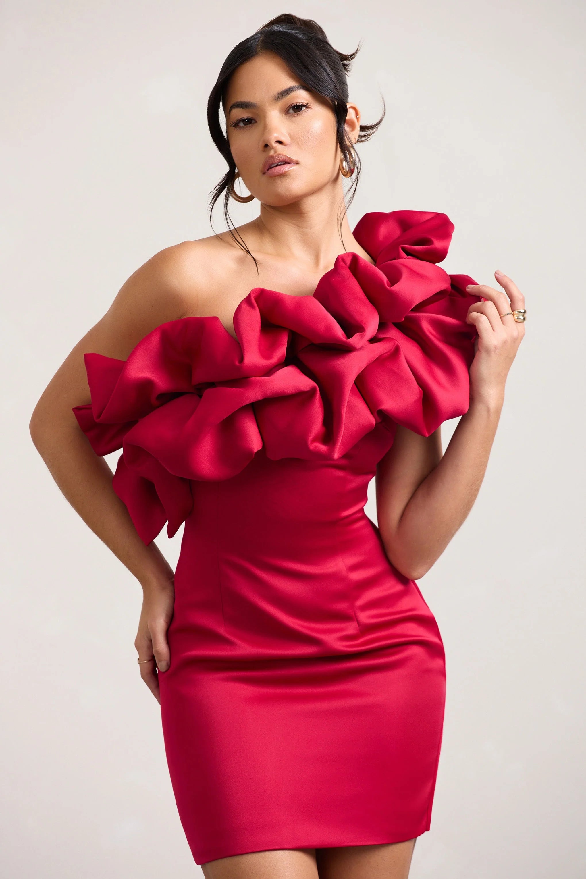 At The Opera | Red Satin Asymmetric Ruffled Mini Dress