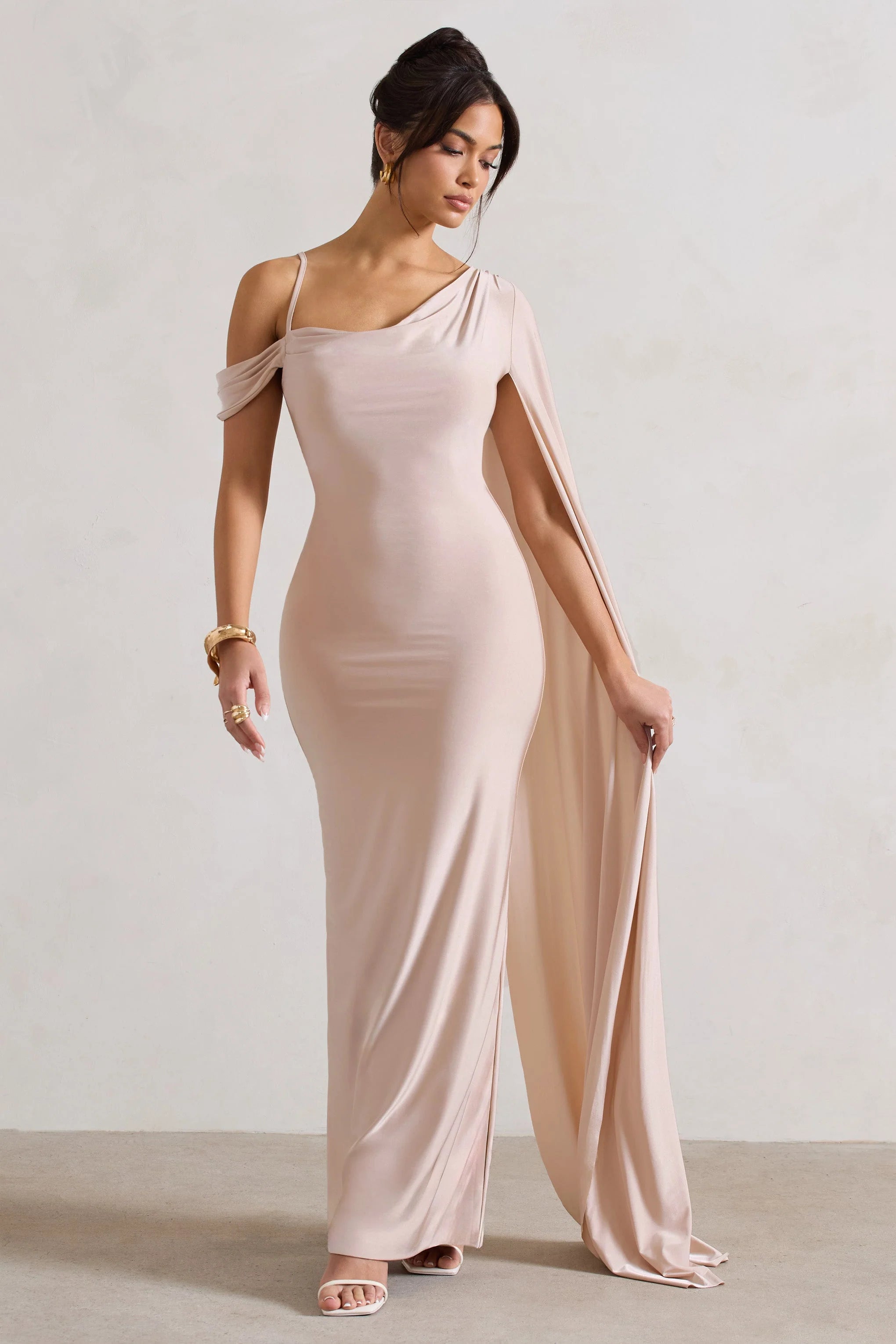 Pedra | Champagne Asymmetric Draped Maxi Dress With Sash