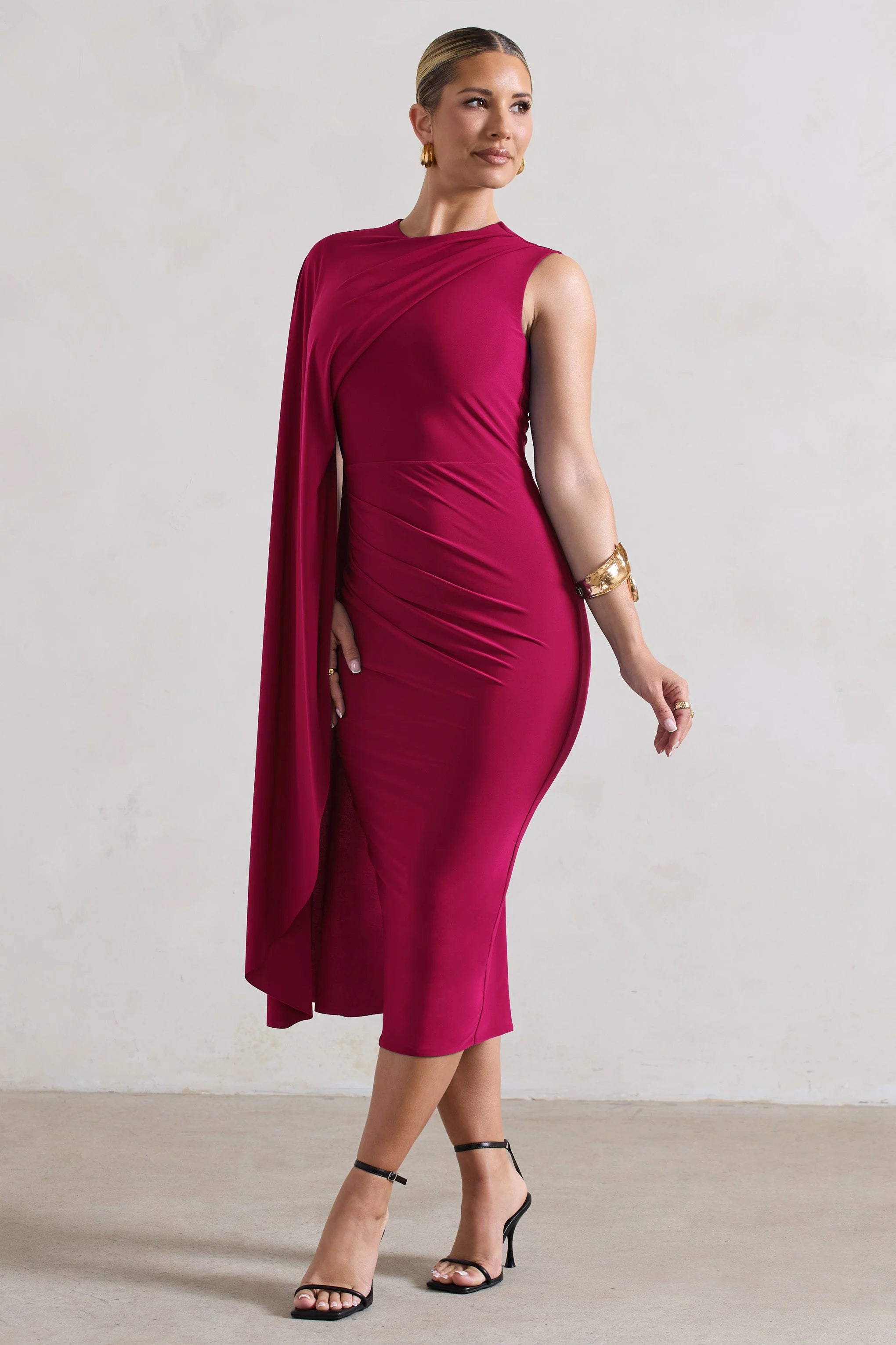Reveal | Dark Pink One-Sleeve Cape Midi Dress