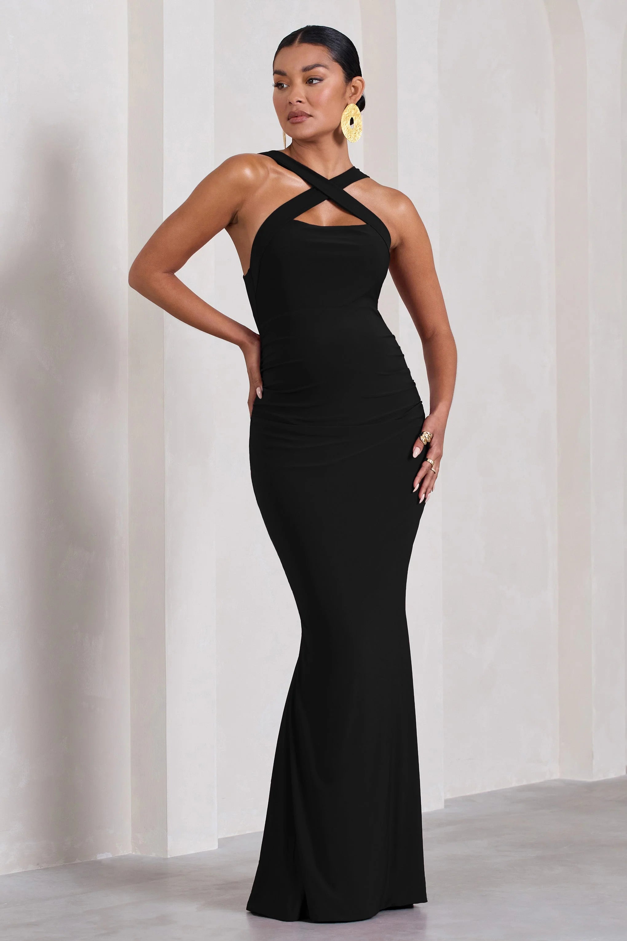 Cross My Heart | Black Sleeveless Cross-Neck Maternity Maxi Dress