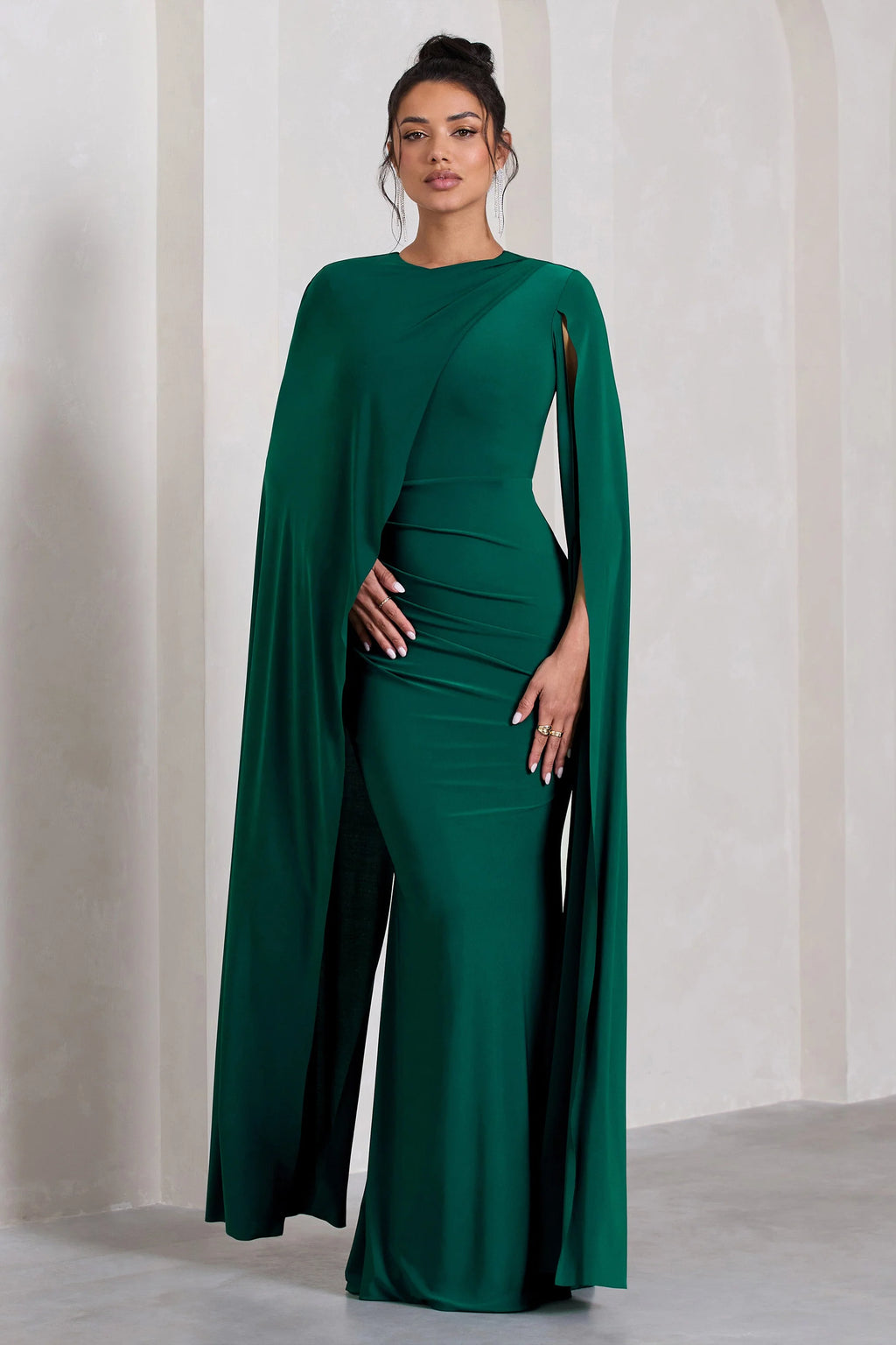 Magdelena | Bottle Green Asymmetric Cape Maxi Dress