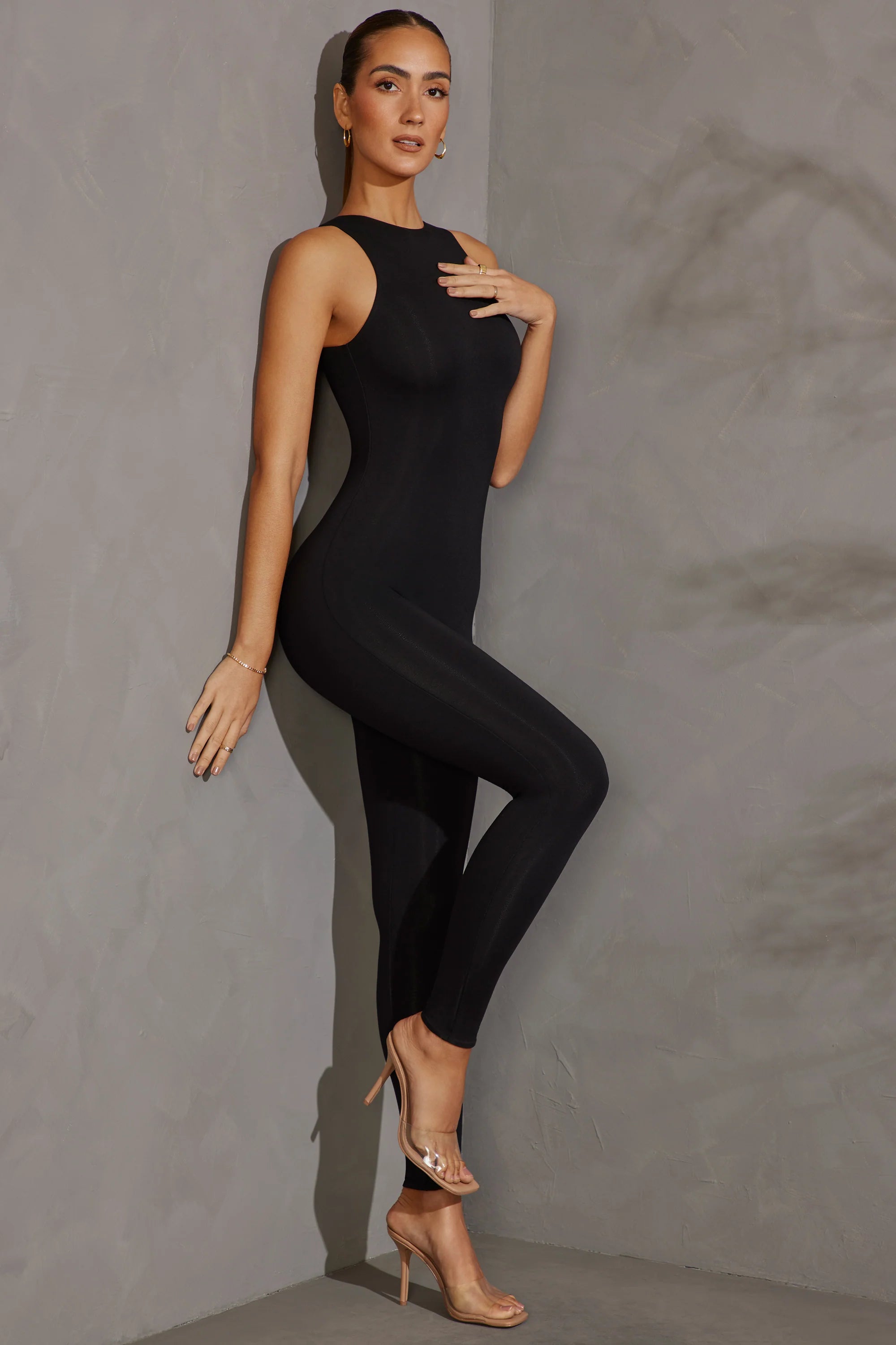 Petite Racer Neck Jumpsuit in Black