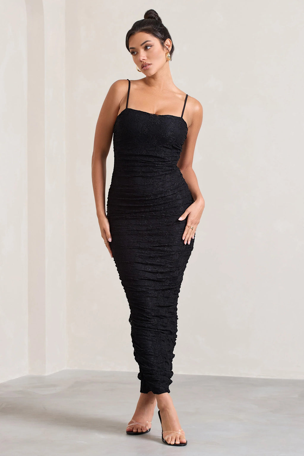 Ellis | Black Lace Strappy Bodycon Maxi Dress