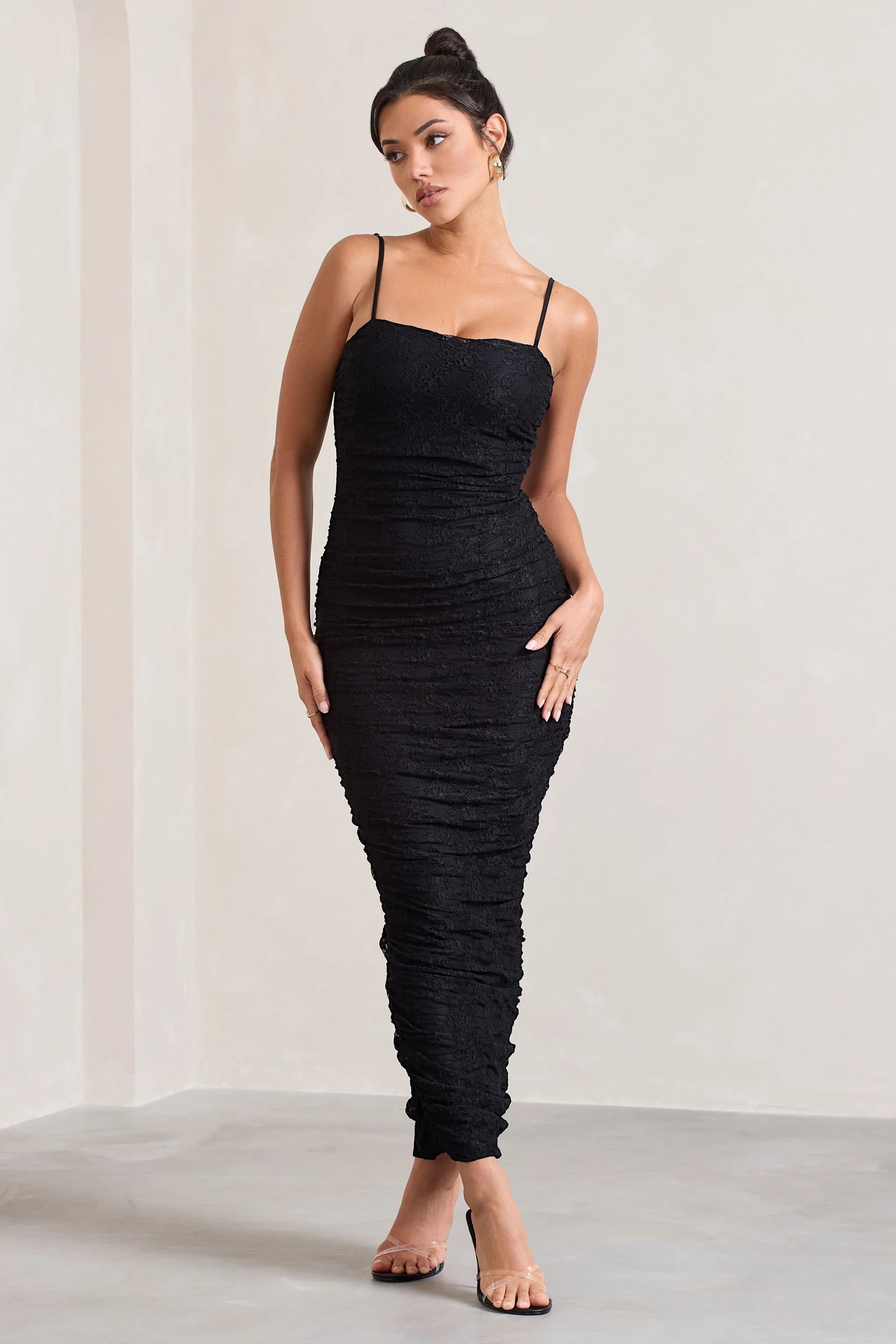 Ellis | Black Lace Strappy Bodycon Maxi Dress